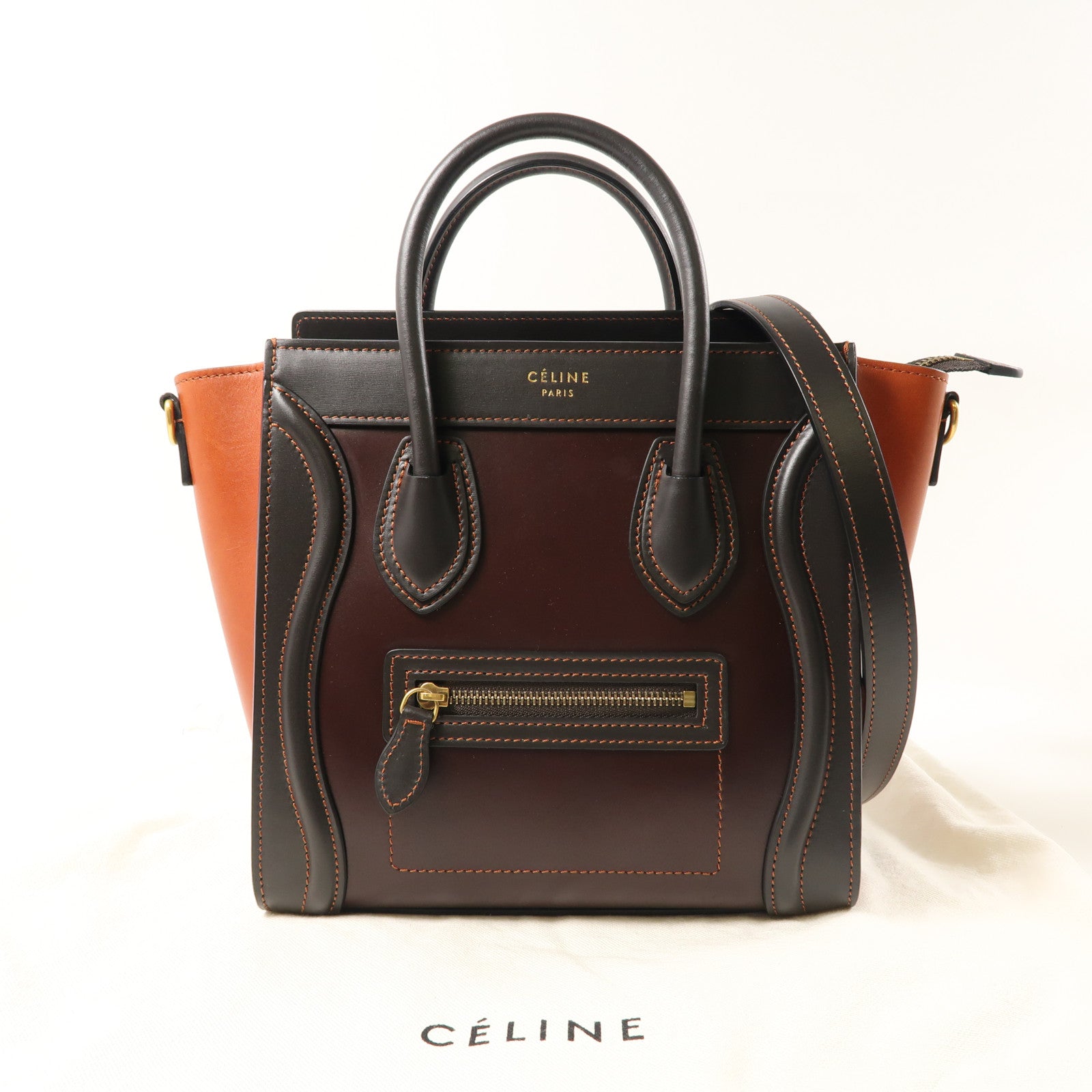 CELINE 牛皮皮革Nano Luggage金扣手挽肩背兩用袋棕色/紅色/黑色