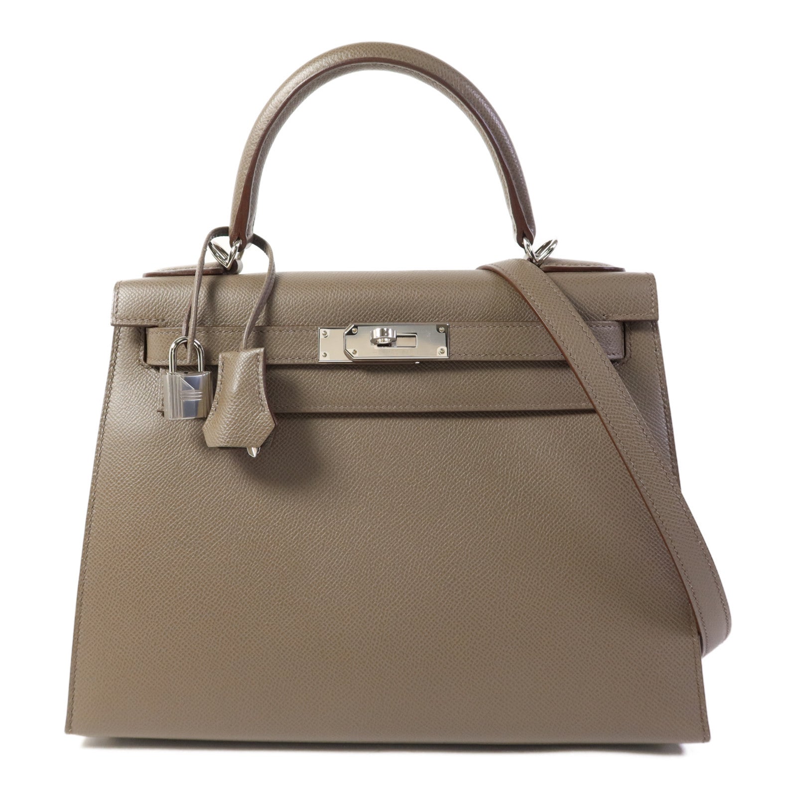 HERMES Epsom皮革Kelly 28銀扣手挽肩背兩用袋Etain