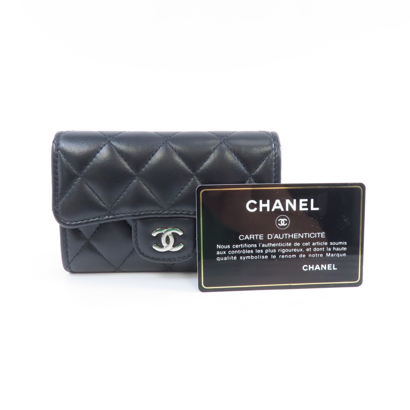 CHANEL 菱格羊皮皮革Card Case銀扣卡片套黑色