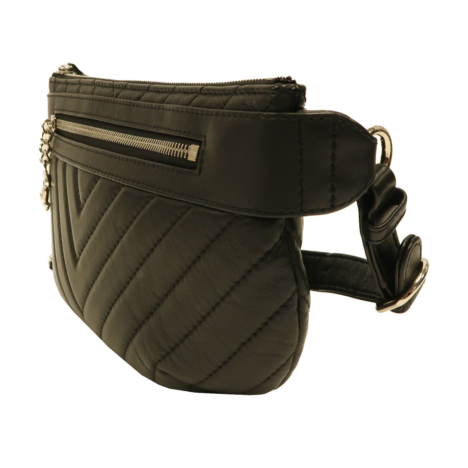 CHANEL 【激減優惠】斜紋羊皮皮革Waist Bag銀扣腰包黑色
