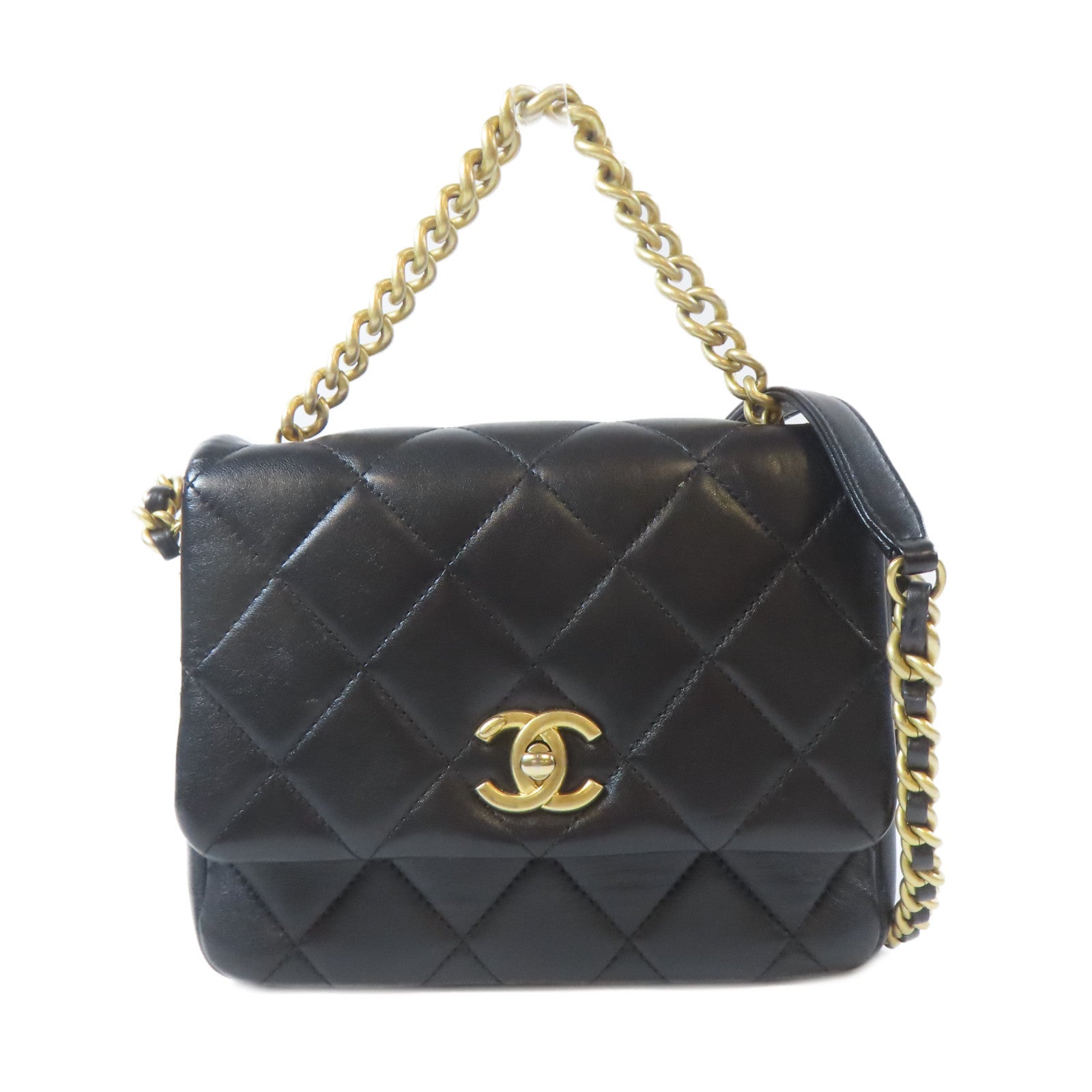 CHANEL 菱格羊皮皮革Mini Flap Bag金扣手挽肩背兩用袋袋黑色