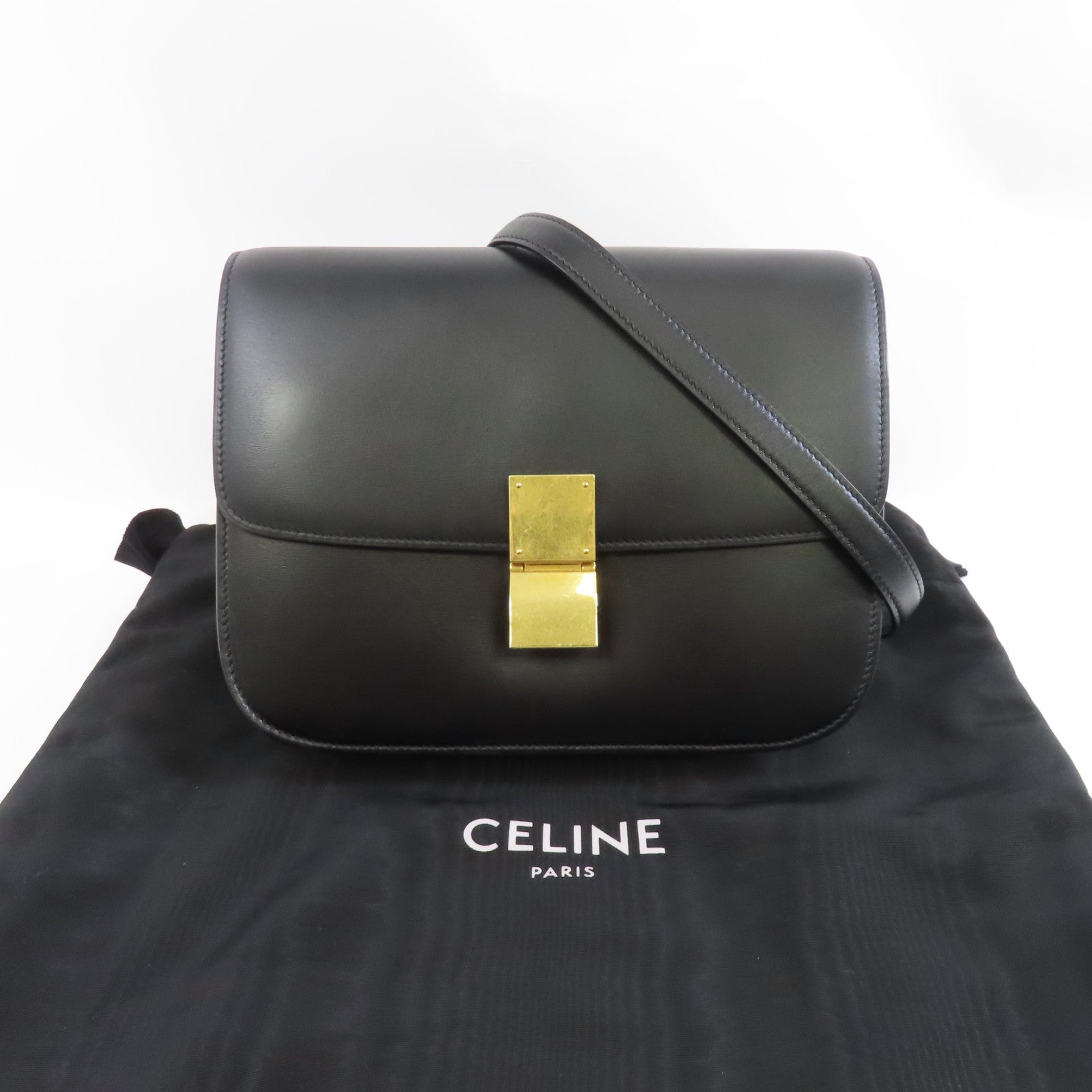 CELINE 牛皮皮革Classic Box Medium金扣肩背袋黑色