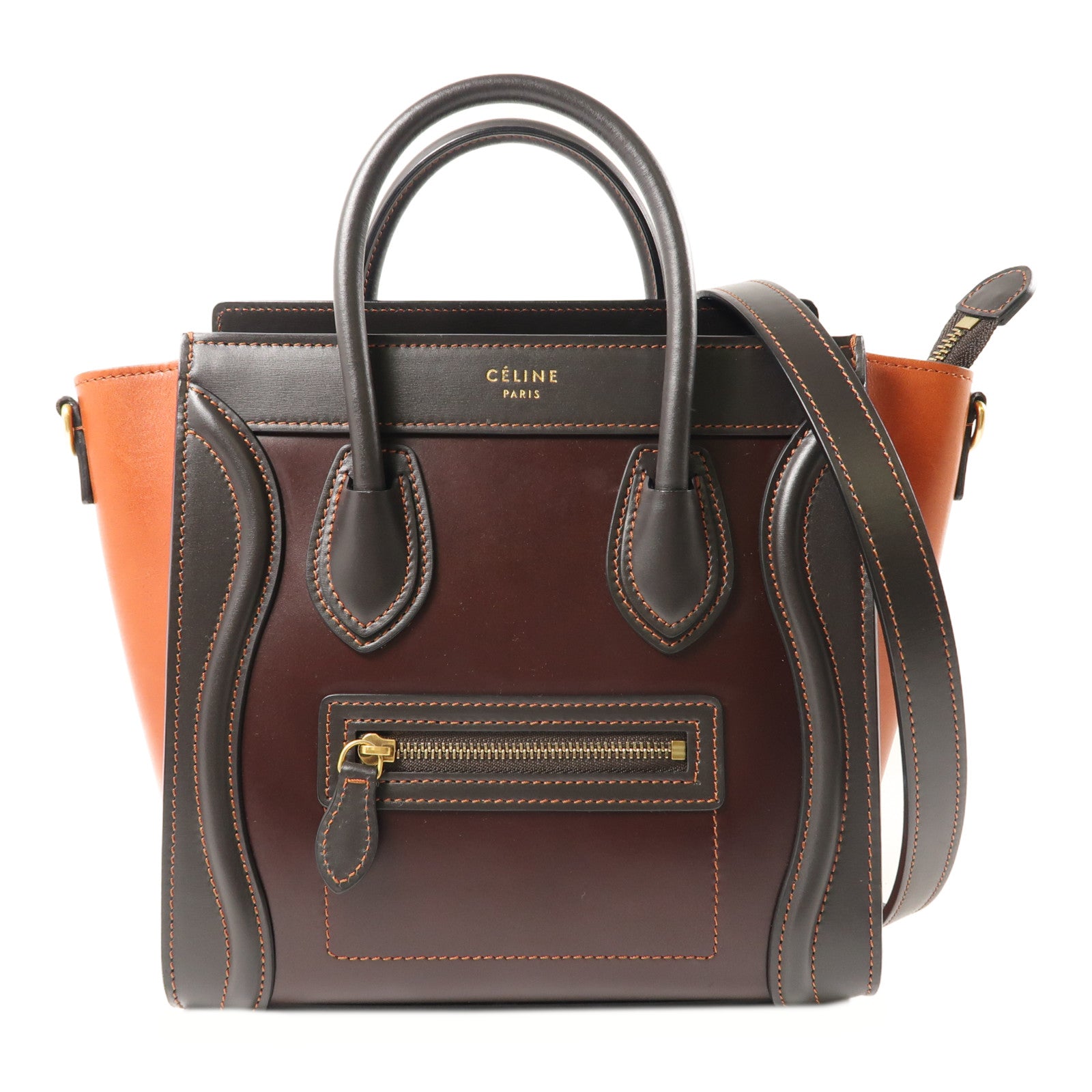 CELINE 牛皮皮革Nano Luggage金扣手挽肩背兩用袋棕色/紅色/黑色