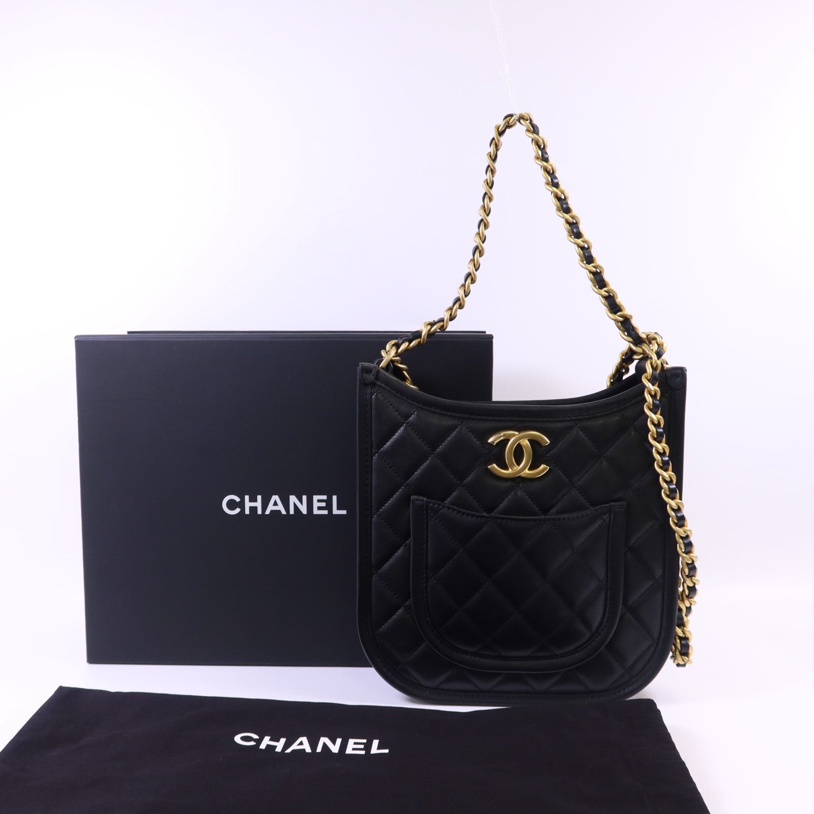 CHANEL 牛皮皮革24S Hobo金扣鏈帶手挽肩背兩用袋