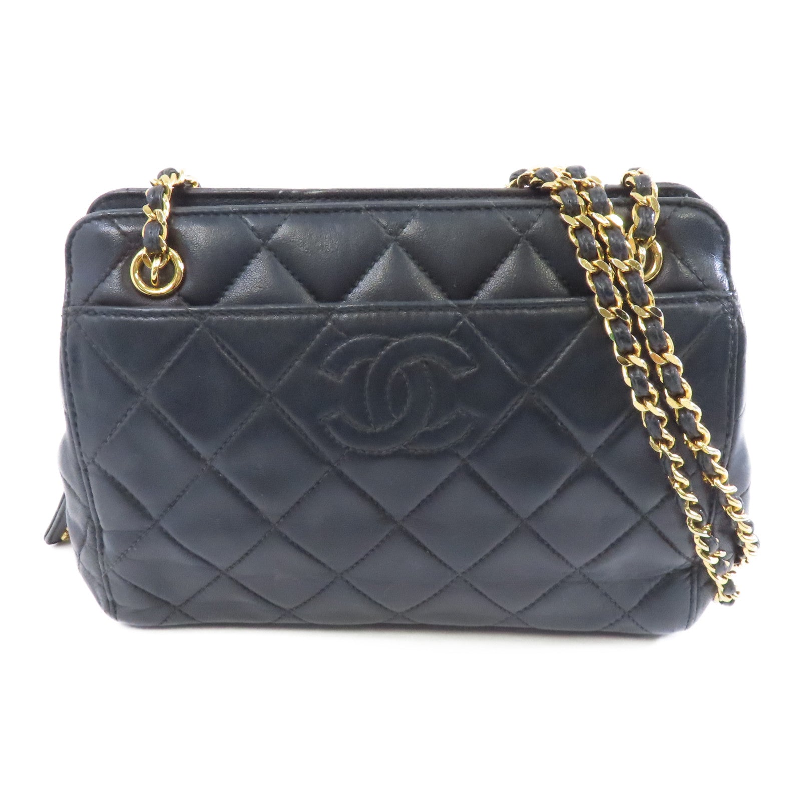 CHANEL 菱格羊皮皮革Chain Shoulder金扣鏈帶肩背袋黑色