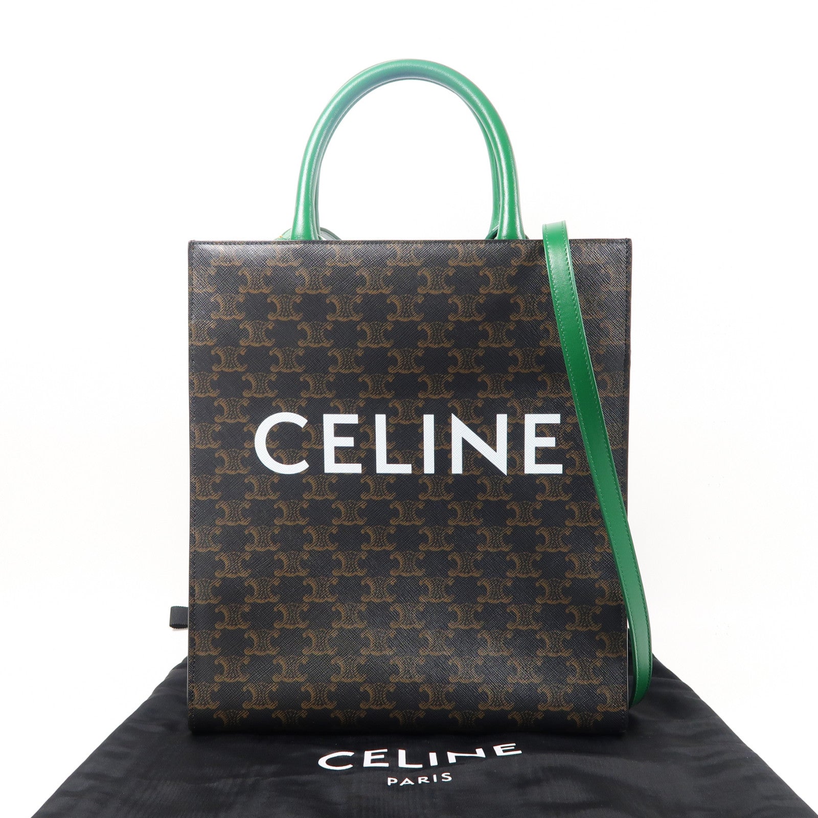 CELINE 塗層帆布Verticcl Cabas Tote Bag金扣手挽肩背兩用袋啡色/綠色