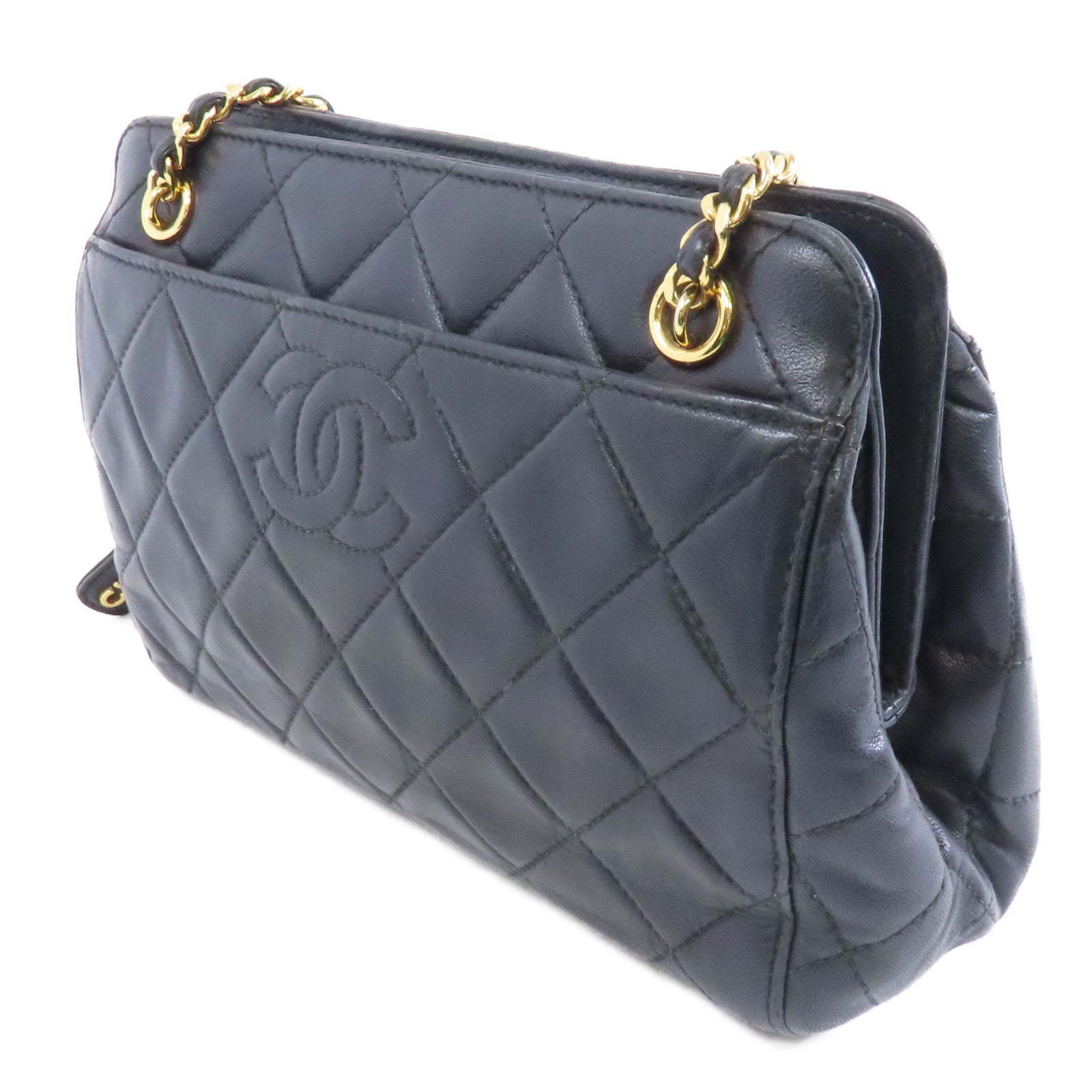 CHANEL 菱格羊皮皮革Chain Shoulder金扣鏈帶肩背袋黑色