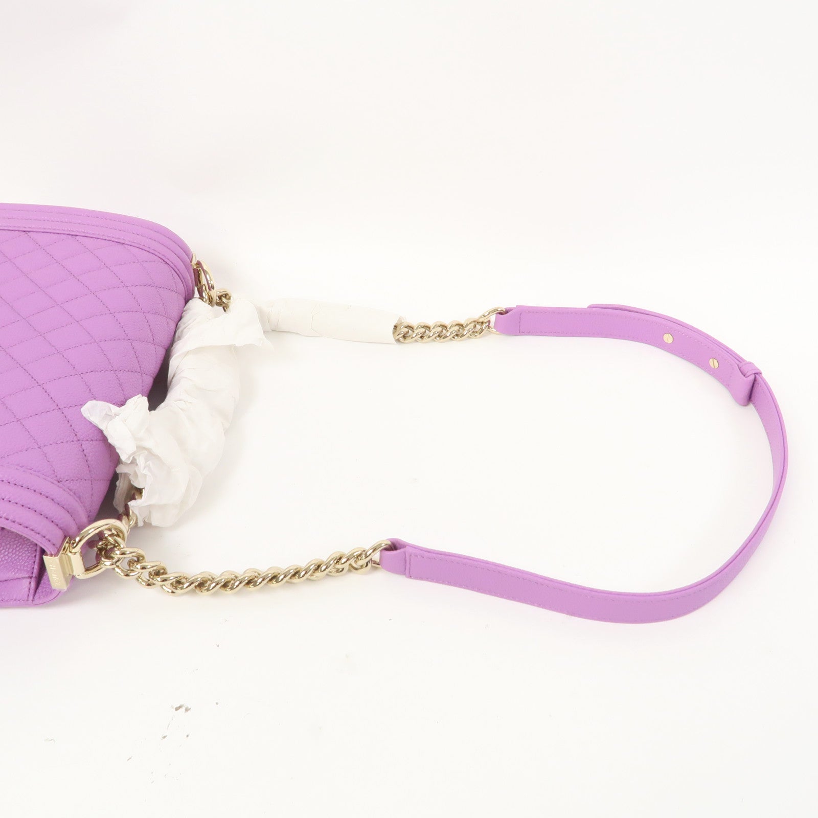 CHANEL 菱格Caviar皮革Boy Chanel Chain Shoulder金扣鏈帶肩背袋紫色