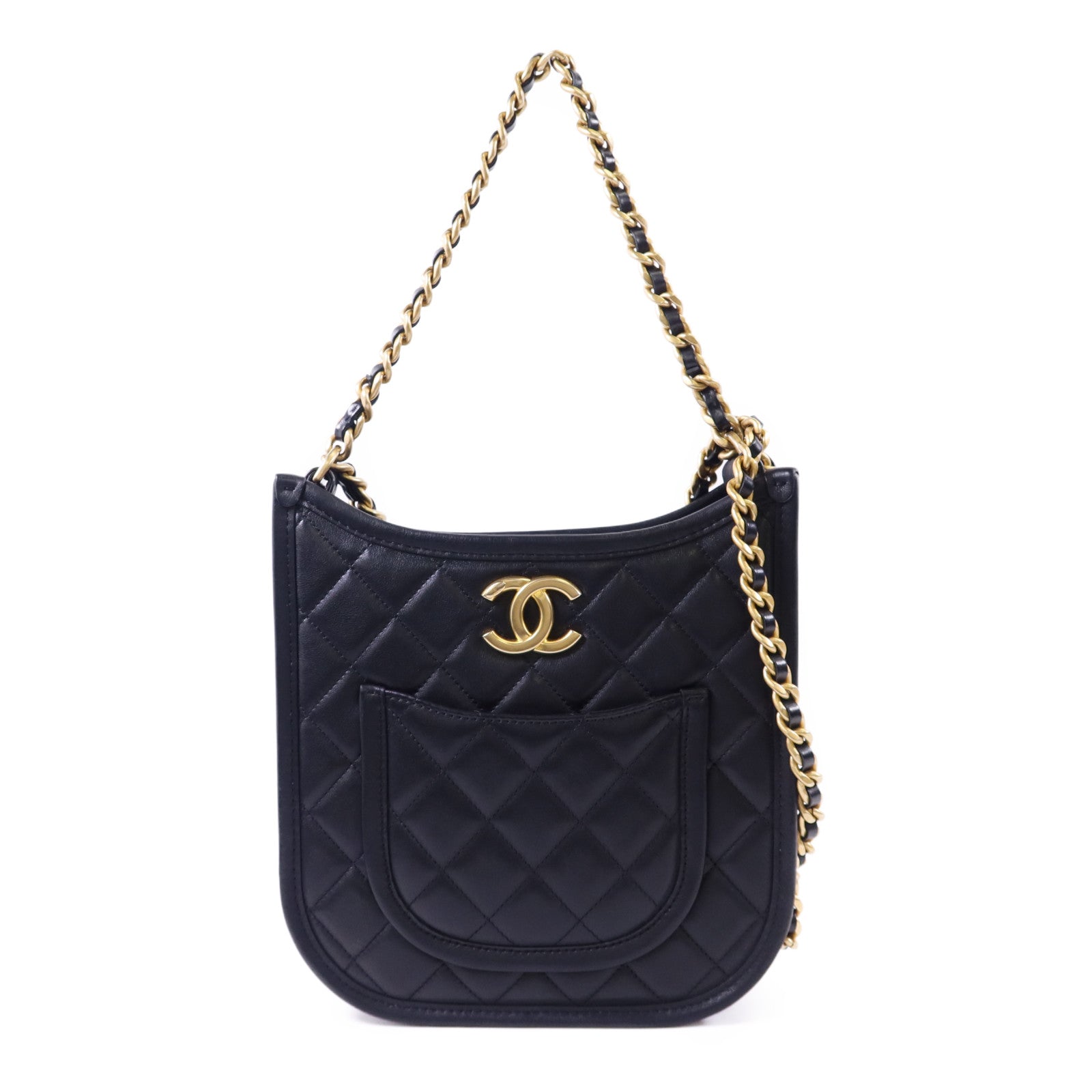 CHANEL 牛皮皮革24S Hobo金扣鏈帶手挽肩背兩用袋