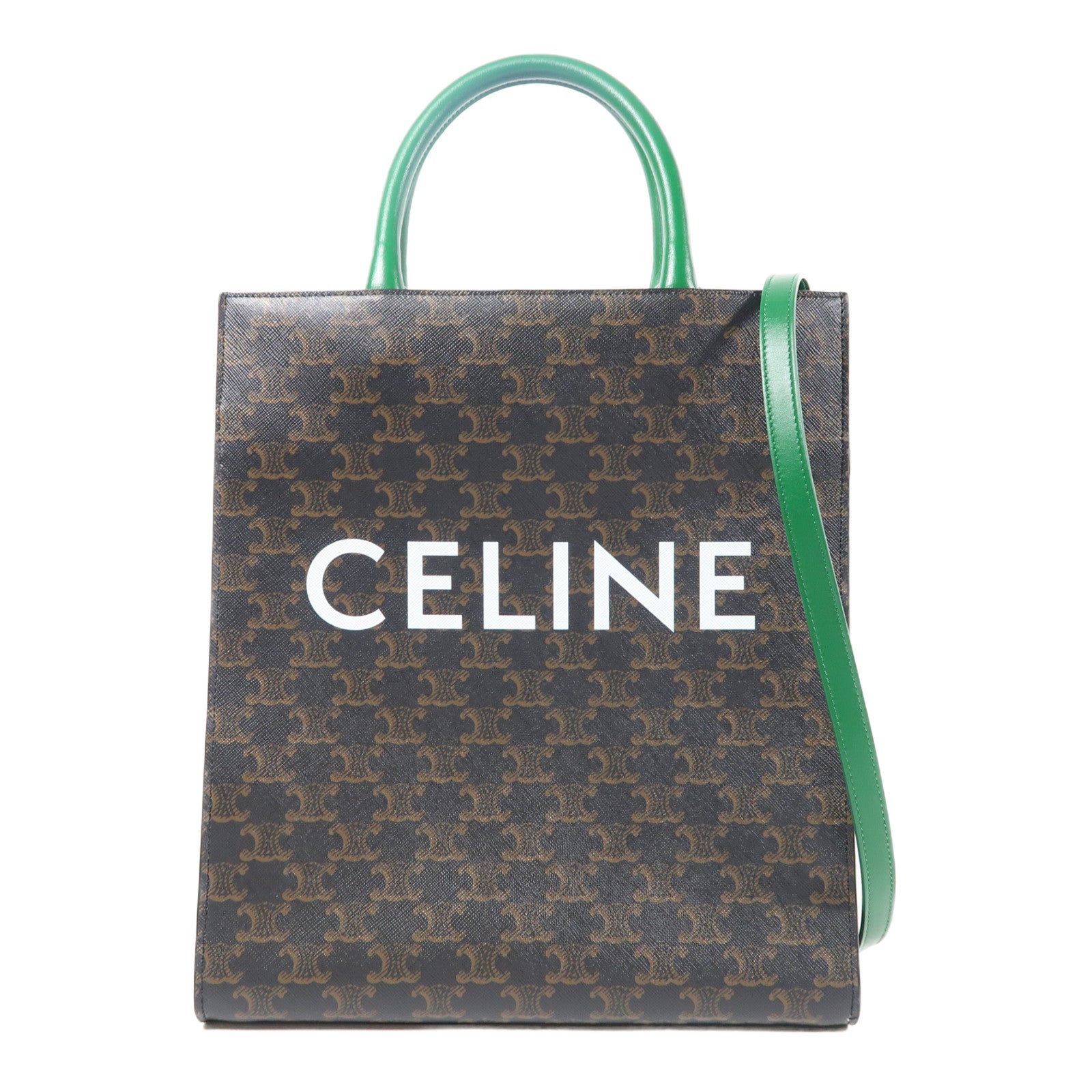 CELINE 塗層帆布Verticcl Cabas Tote Bag金扣手挽肩背兩用袋啡色/綠色
