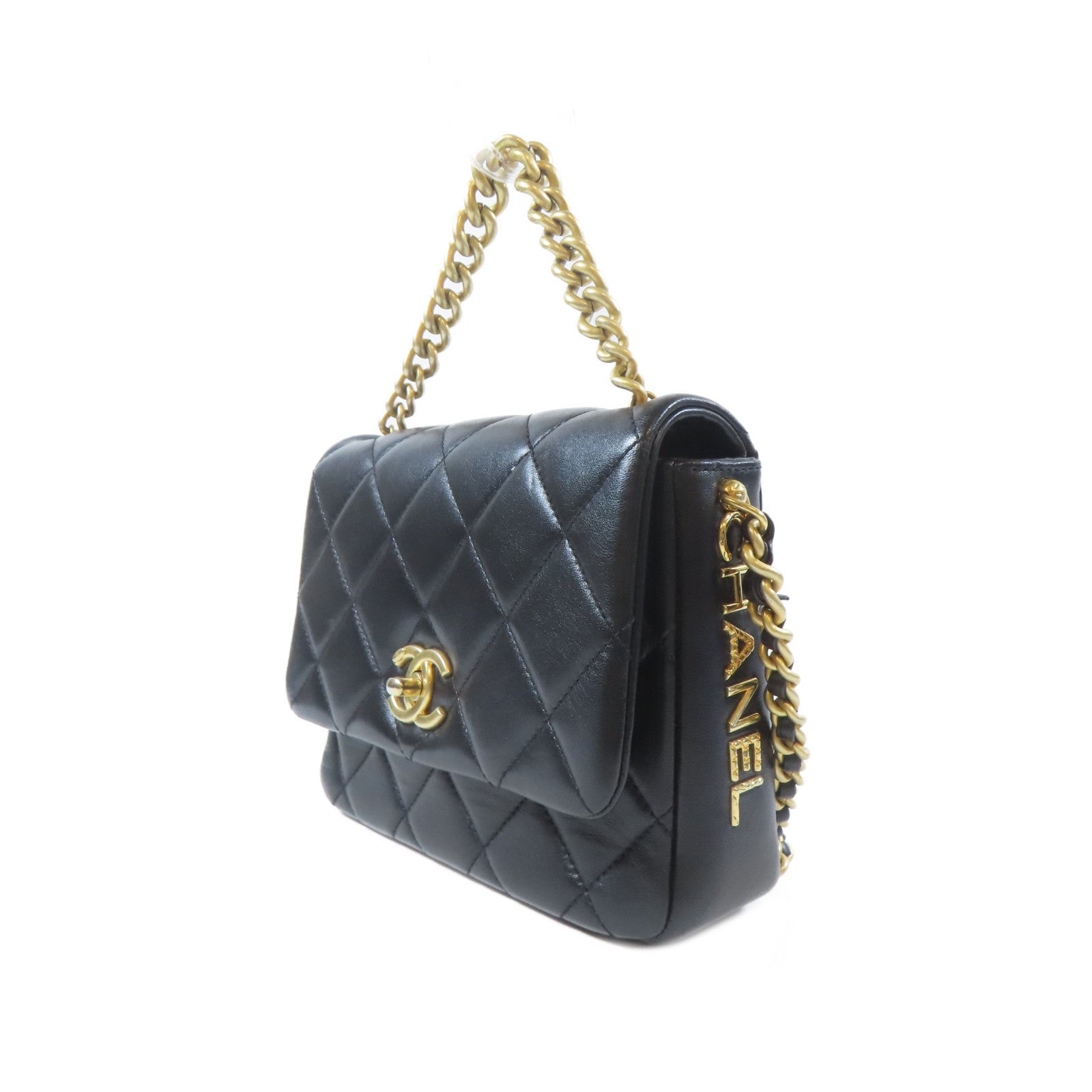 CHANEL 菱格羊皮皮革Mini Flap Bag金扣手挽肩背兩用袋袋黑色