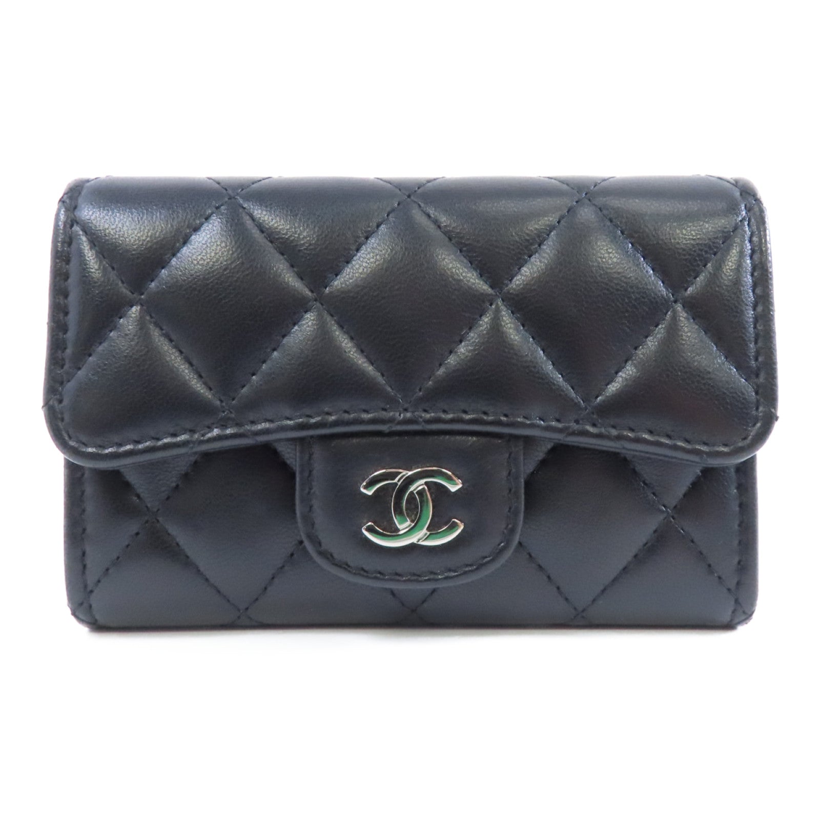 CHANEL 菱格羊皮皮革Card Case銀扣卡片套黑色