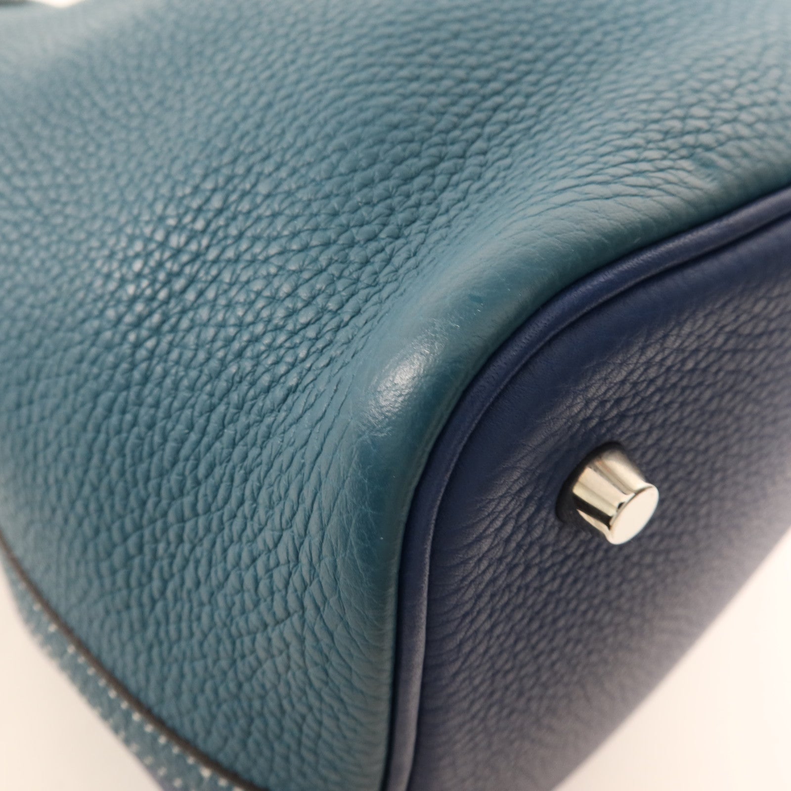 HERMES Clemence皮革Picotin MM銀扣手挽袋Deep Blue/Vert Bosphore