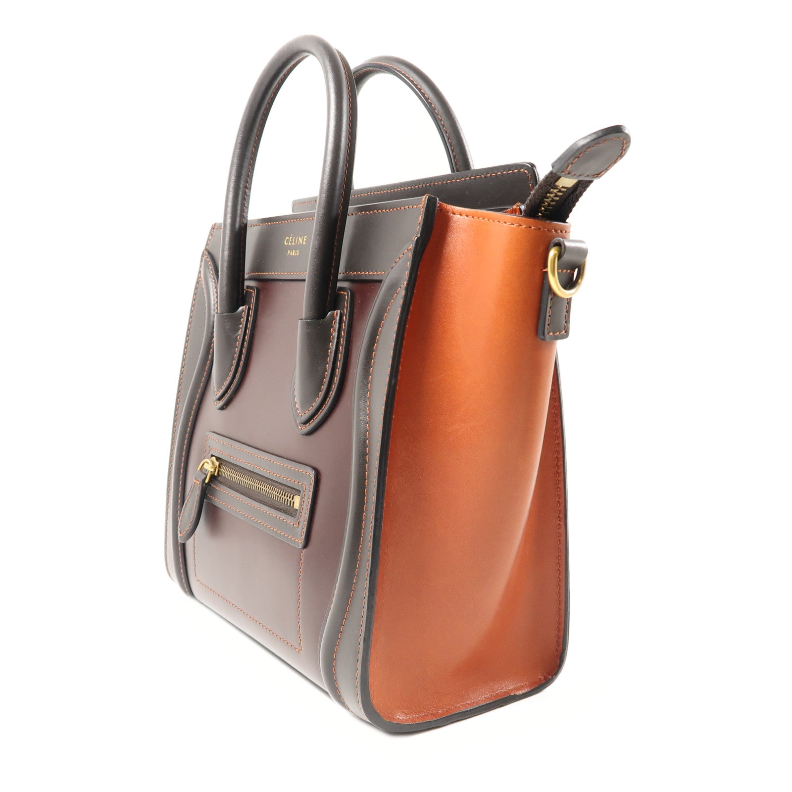 CELINE 牛皮皮革Nano Luggage金扣手挽肩背兩用袋棕色/紅色/黑色