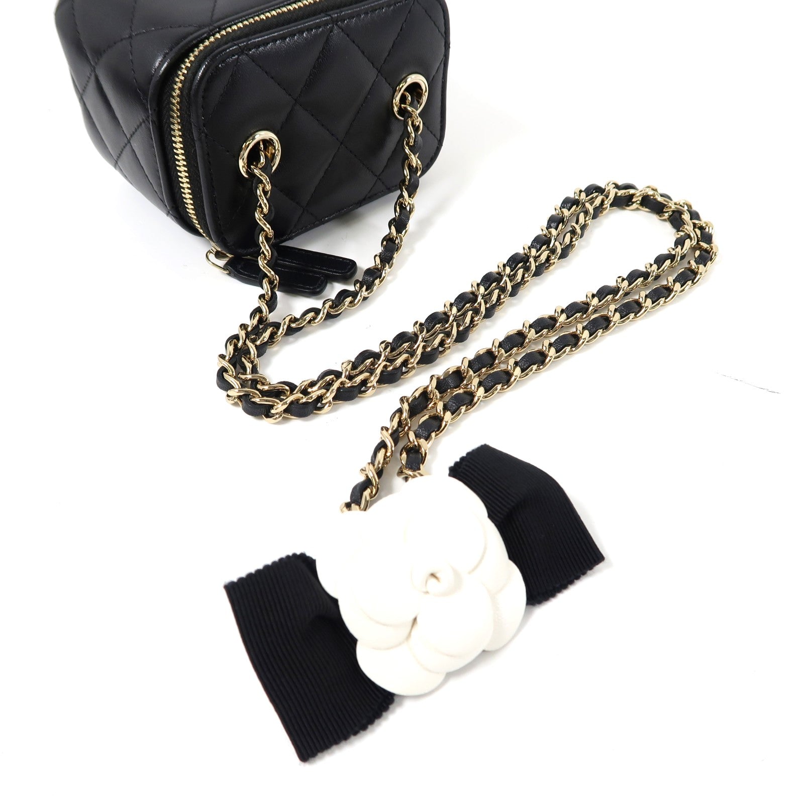 CHANEL 菱格羊皮皮革Vanity金扣鏈帶肩背袋黑色