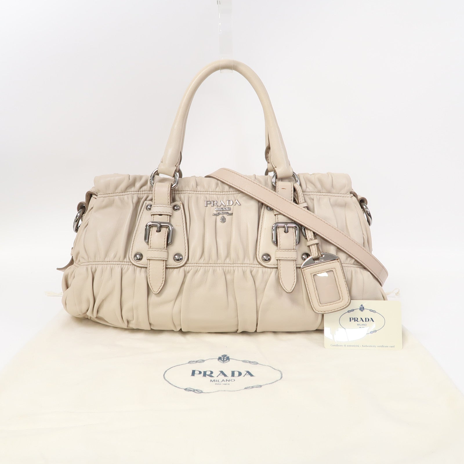 PRADA 【激減優惠】牛皮皮革2 Way Shoulder銀扣手挽肩背兩用袋杏色