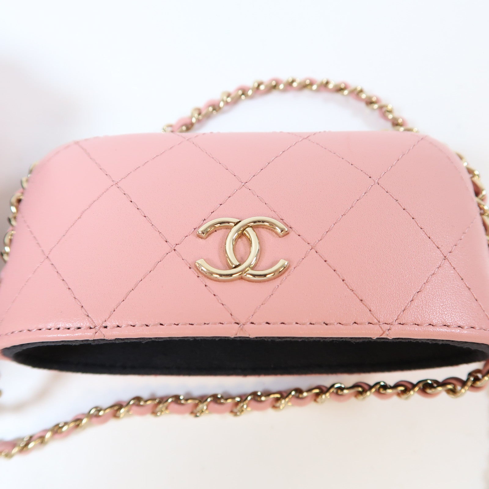 CHANEL 【激減優惠】菱格羊皮皮革Phone Box金扣鏈帶肩背袋粉紅色