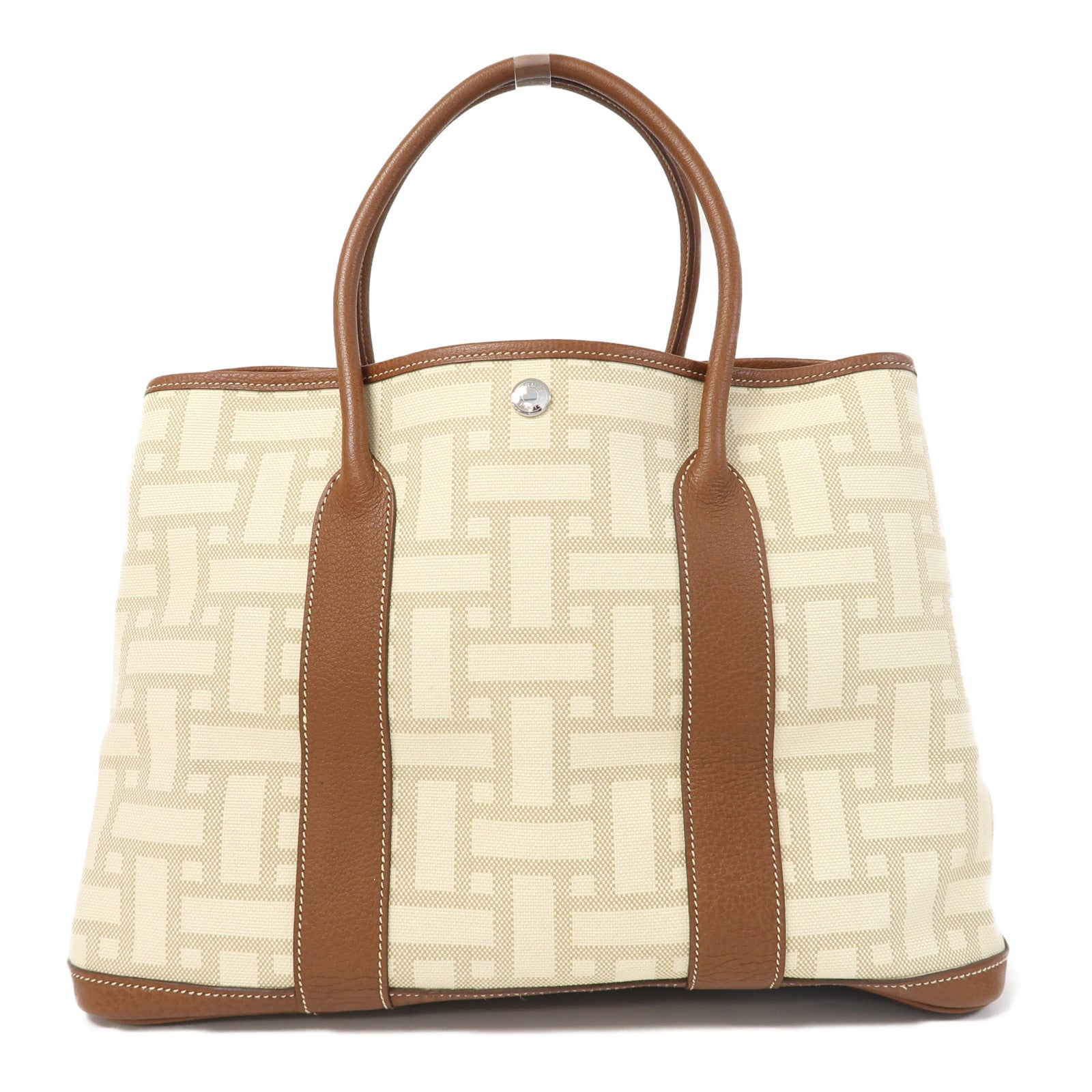 HERMES 【激減優惠】帆布Garden Party PM銀扣手挽袋Gold/Beton