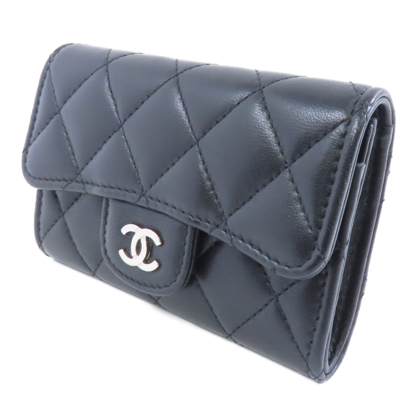 CHANEL 菱格羊皮皮革Card Case銀扣卡片套黑色