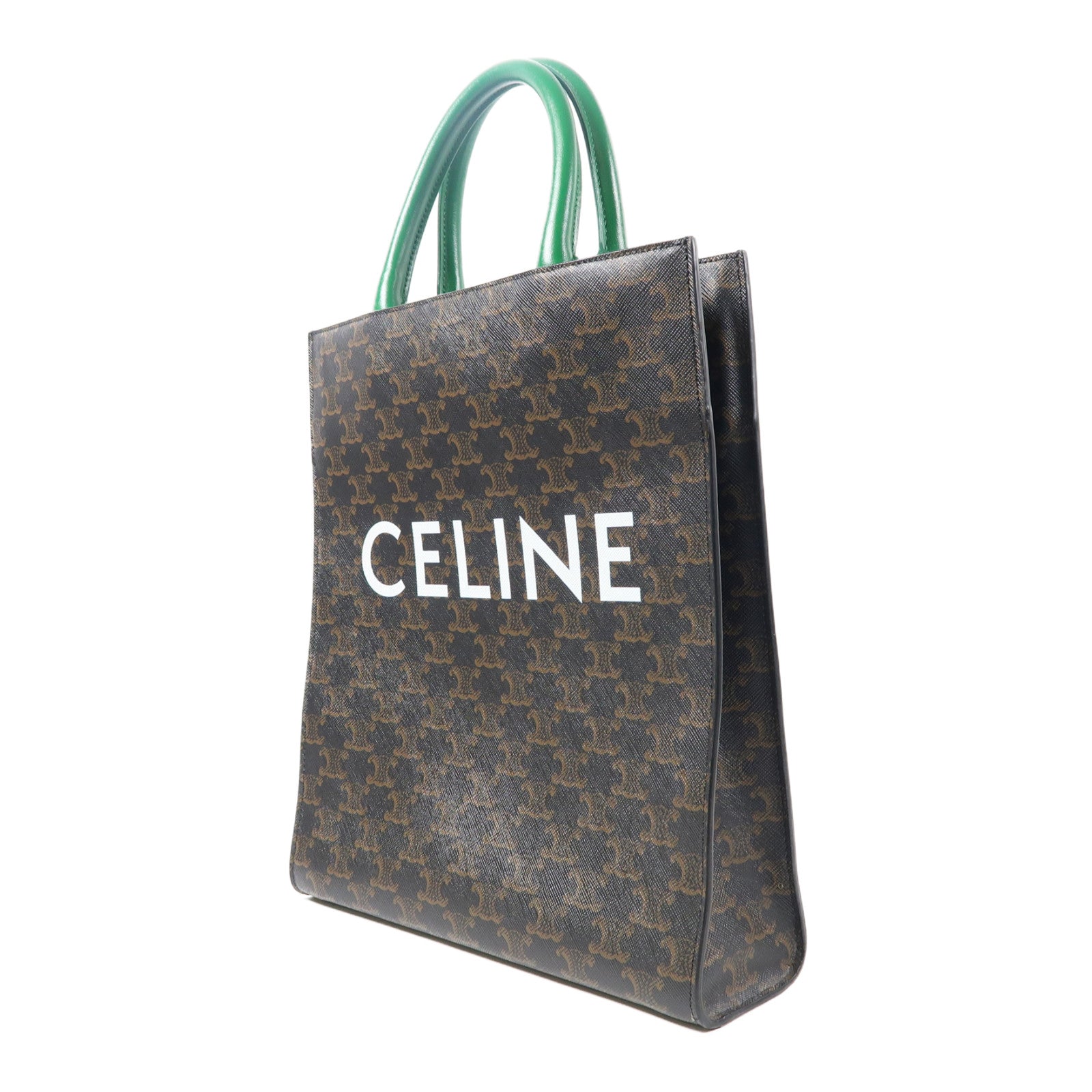 CELINE 塗層帆布Verticcl Cabas Tote Bag金扣手挽肩背兩用袋啡色/綠色