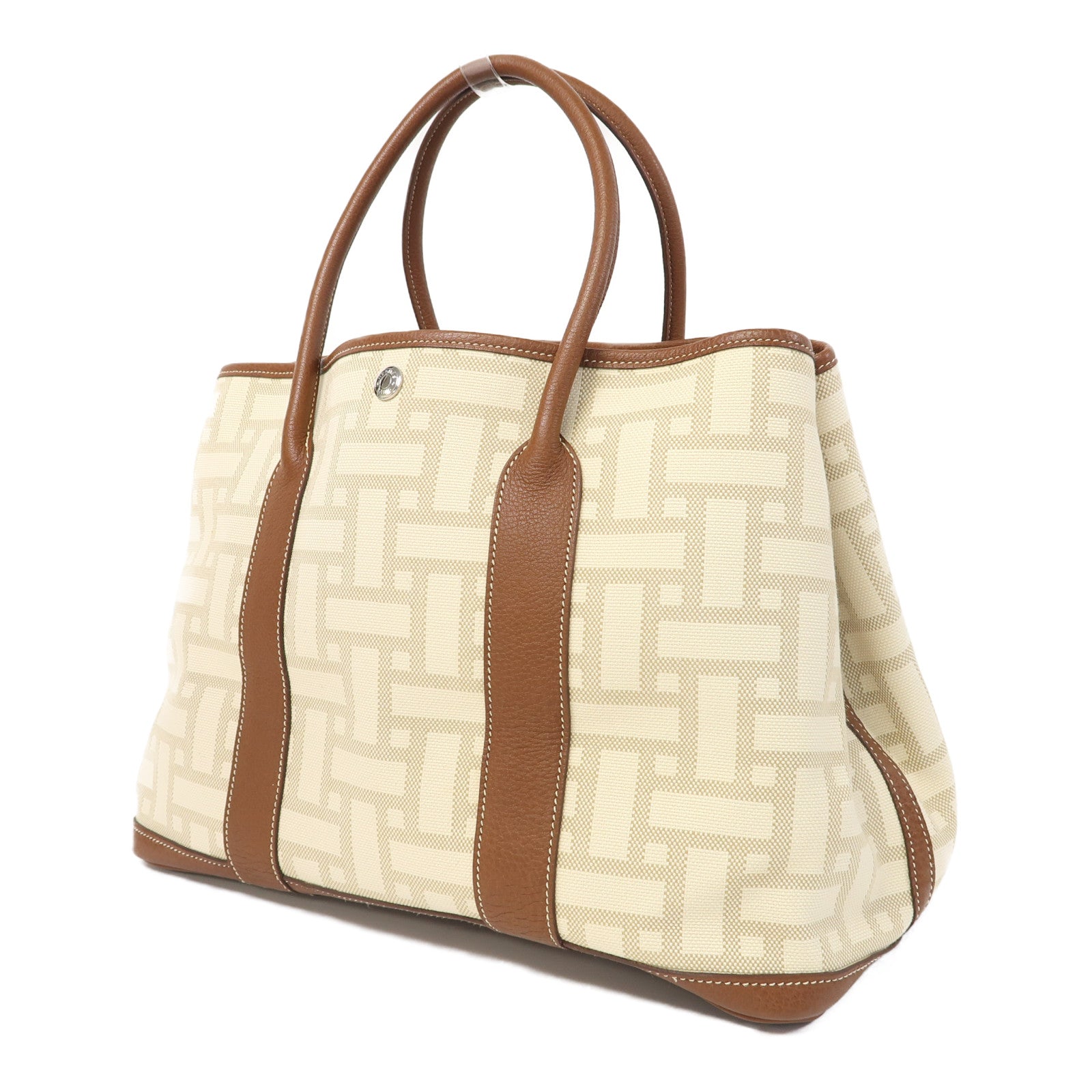 HERMES 【激減優惠】帆布Garden Party PM銀扣手挽袋Gold/Beton