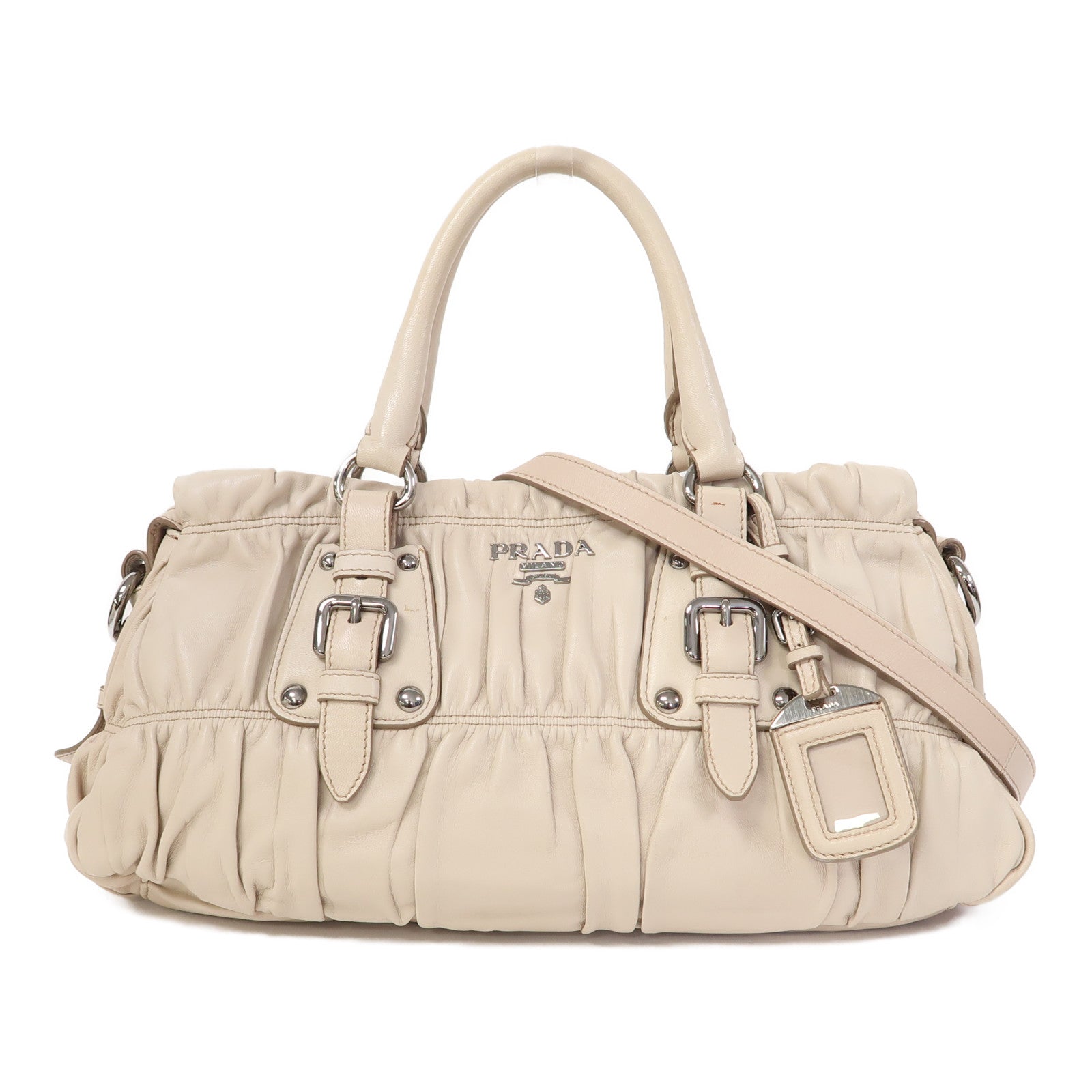 PRADA 【激減優惠】牛皮皮革2 Way Shoulder銀扣手挽肩背兩用袋杏色