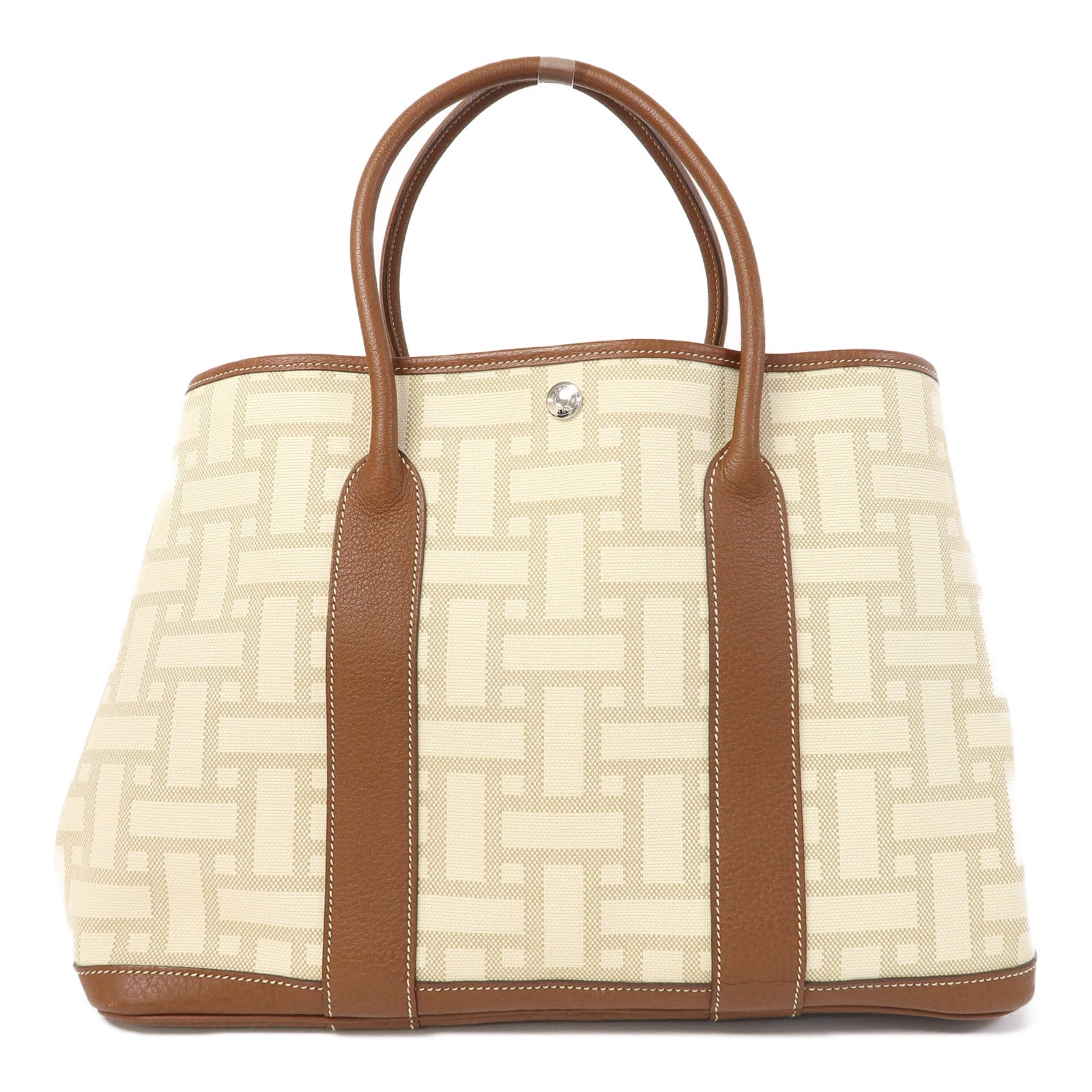 HERMES 【激減優惠】帆布Garden Party PM銀扣手挽袋Gold/Beton