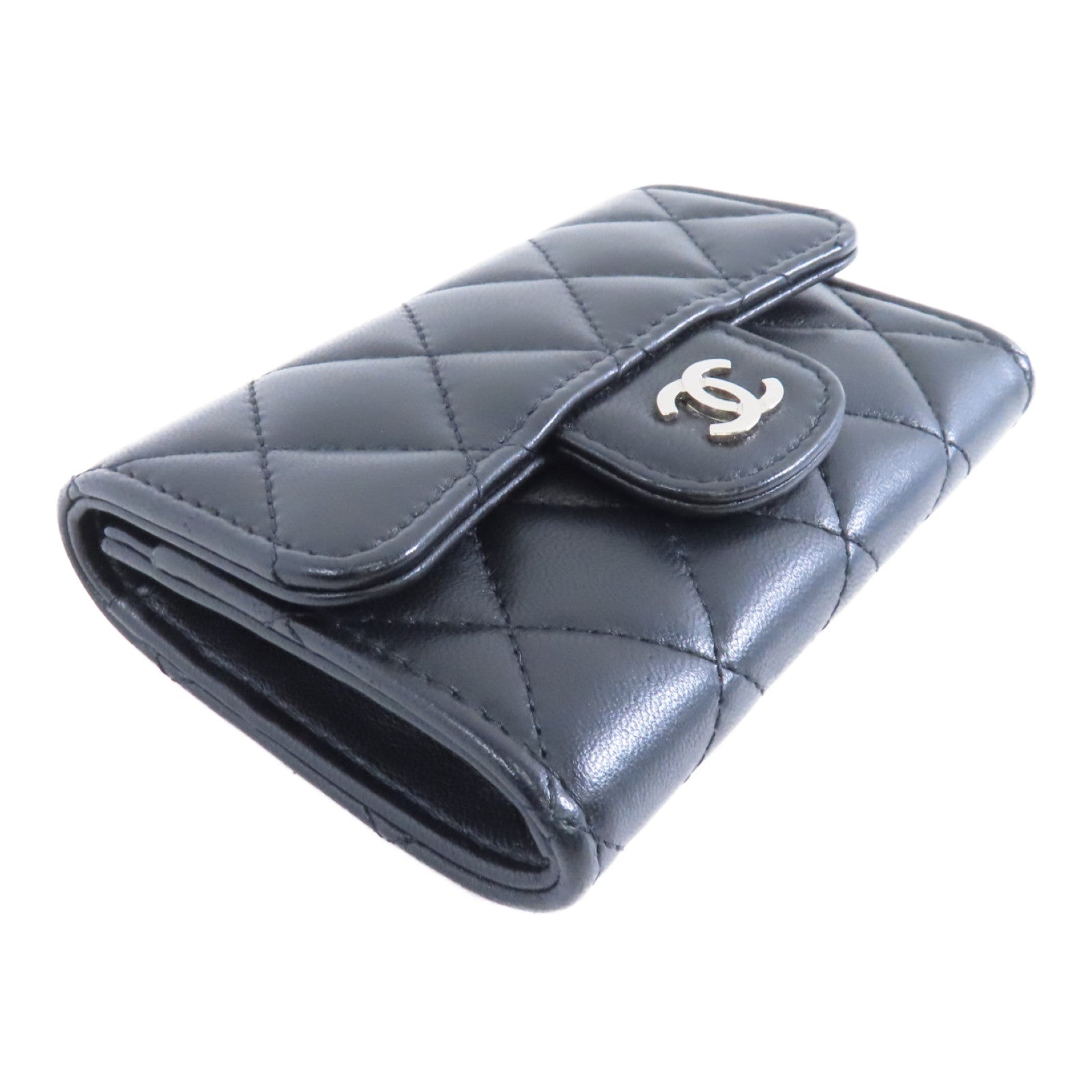 CHANEL 菱格羊皮皮革Card Case銀扣卡片套黑色