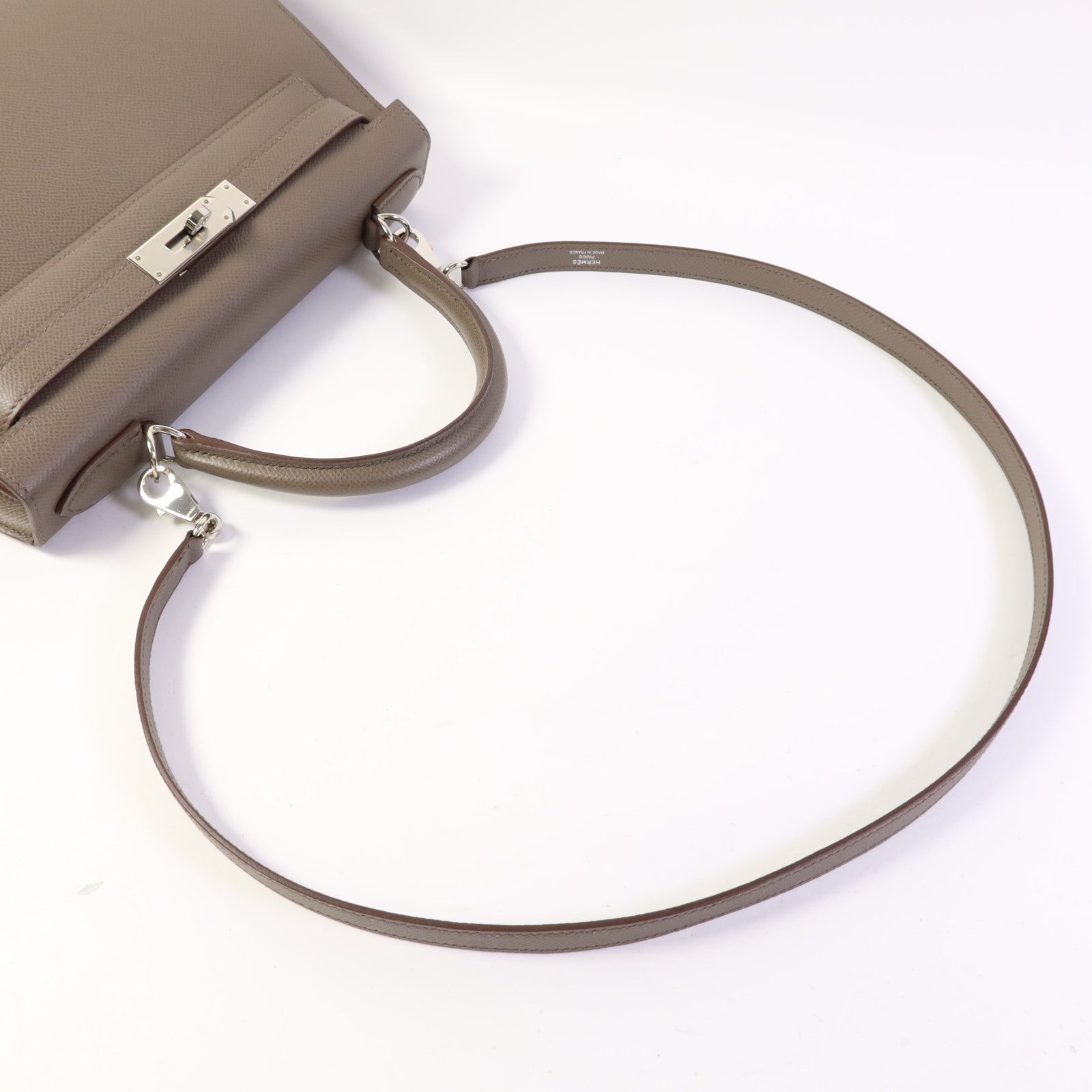 HERMES Epsom皮革Kelly 28銀扣手挽肩背兩用袋Etain