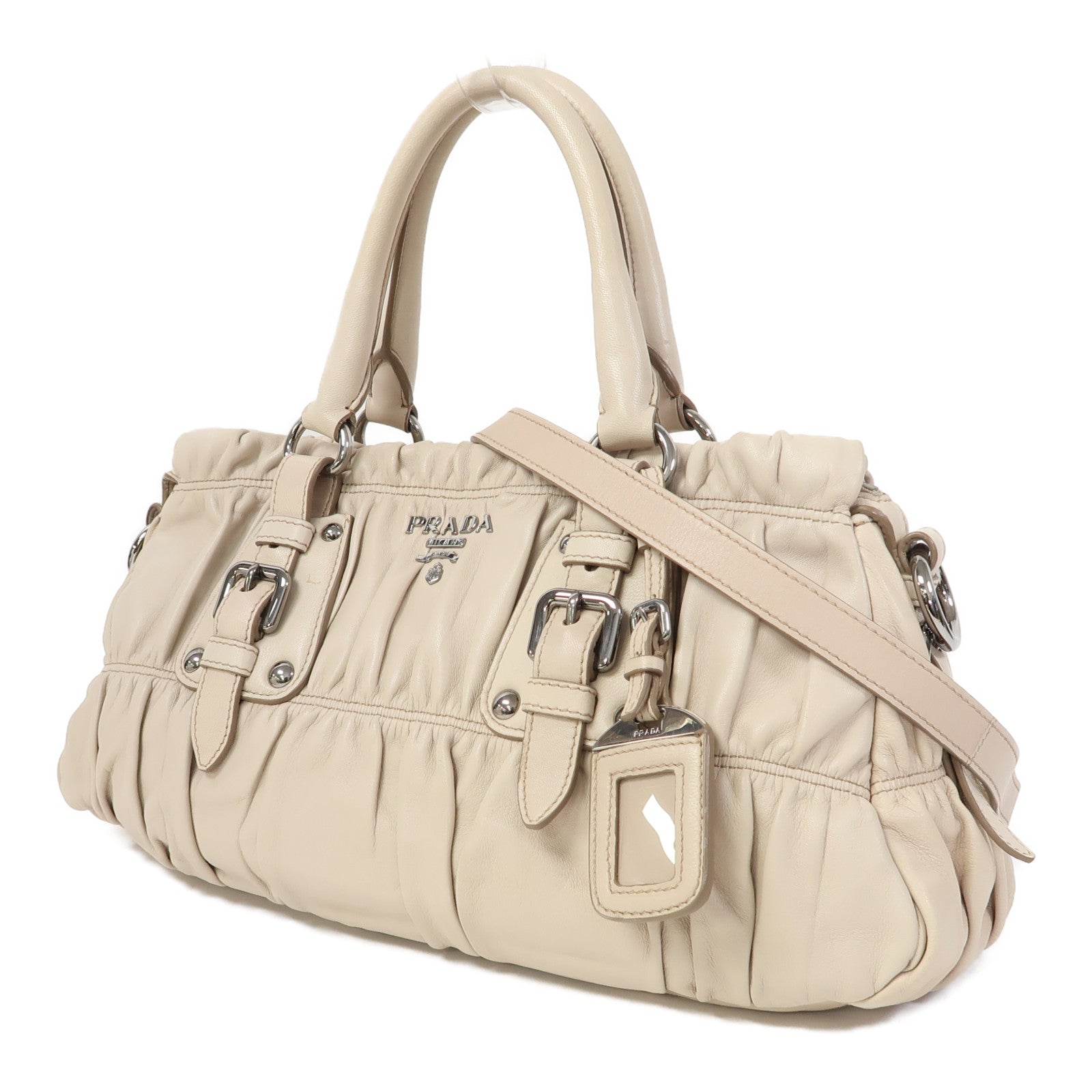PRADA 【激減優惠】牛皮皮革2 Way Shoulder銀扣手挽肩背兩用袋杏色