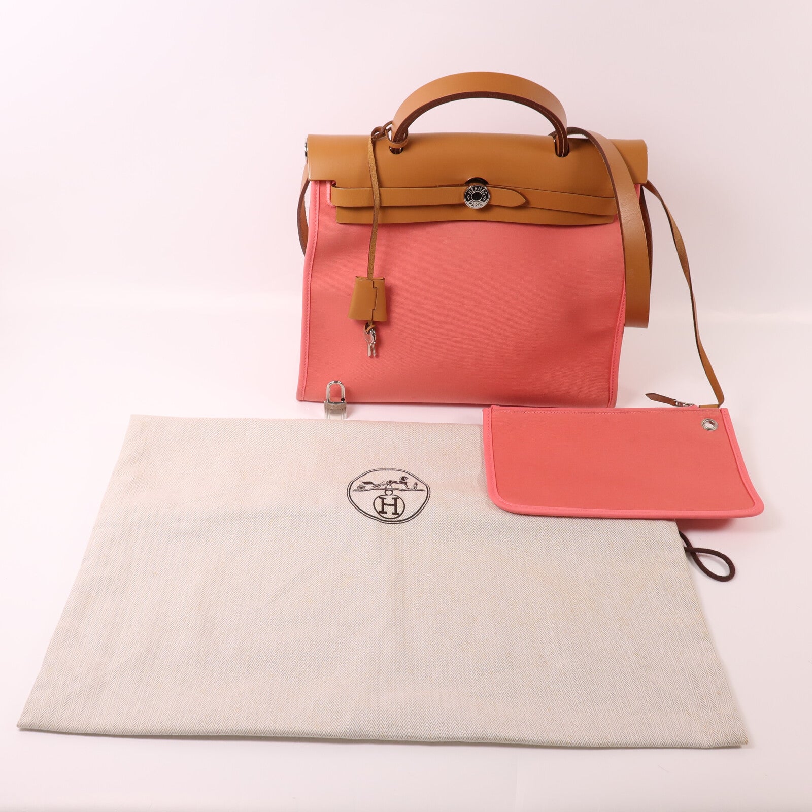 HERMES 帆布Herbag PM銀扣手挽肩背兩用袋Rose Azalee