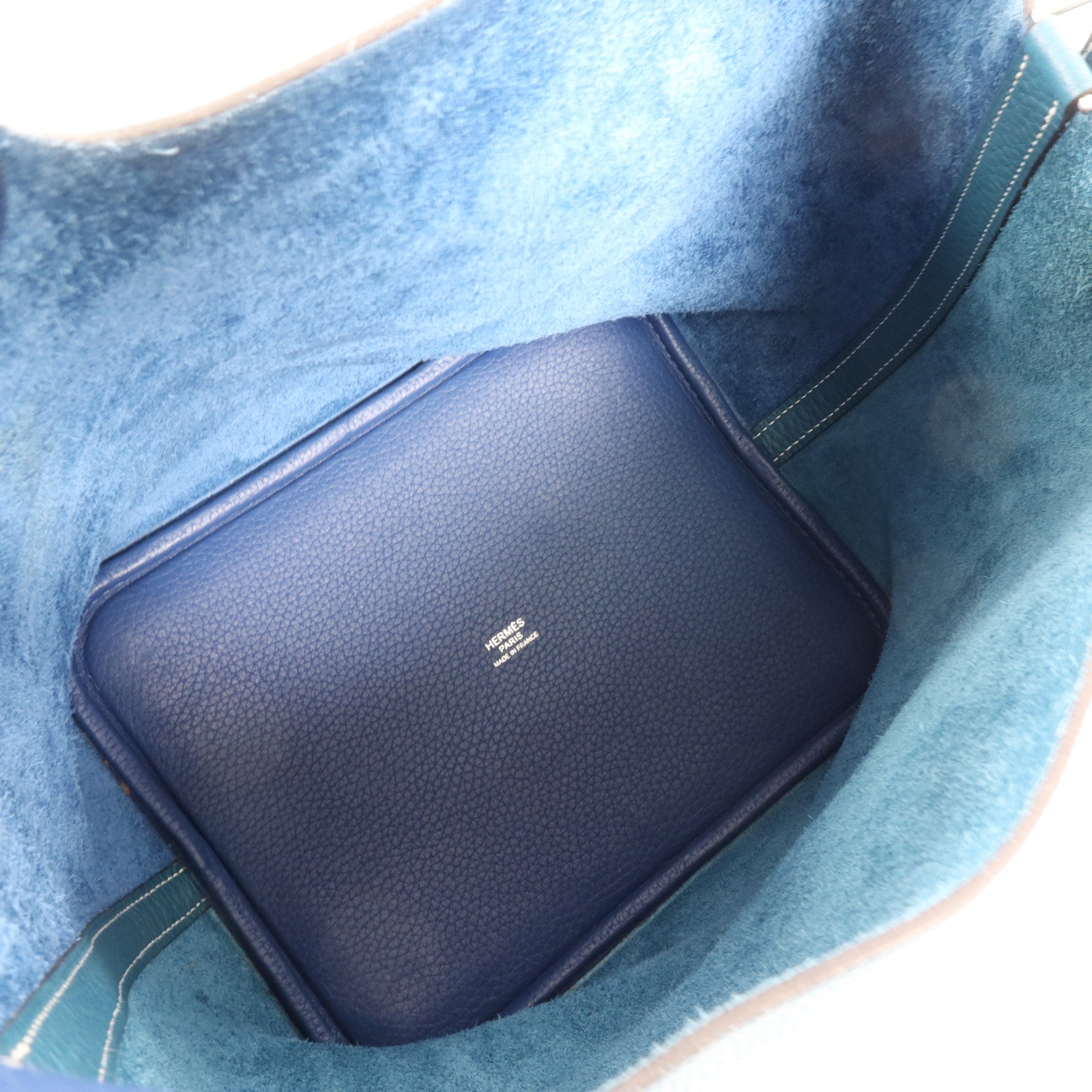 HERMES Clemence皮革Picotin MM銀扣手挽袋Deep Blue/Vert Bosphore