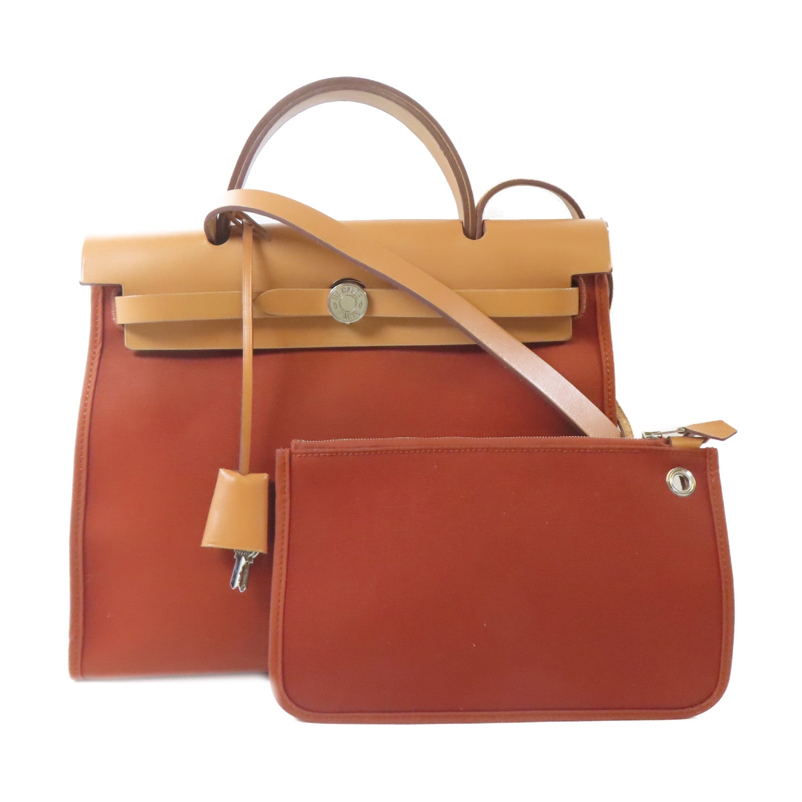 HERMES 帆布Herbag PM銀扣手挽肩背兩用袋Cuivre/橙紅色