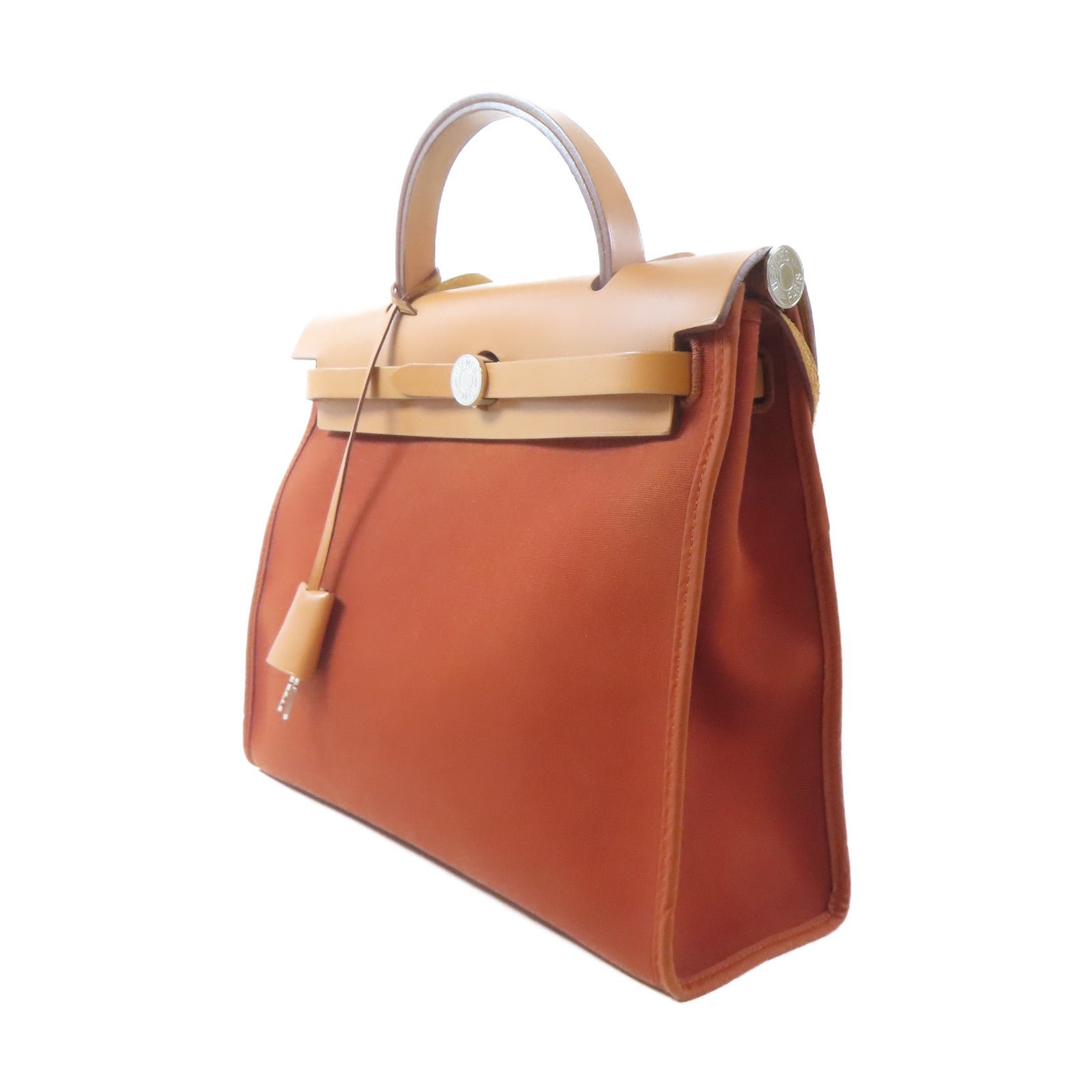 HERMES 帆布Herbag PM銀扣手挽肩背兩用袋Cuivre/橙紅色