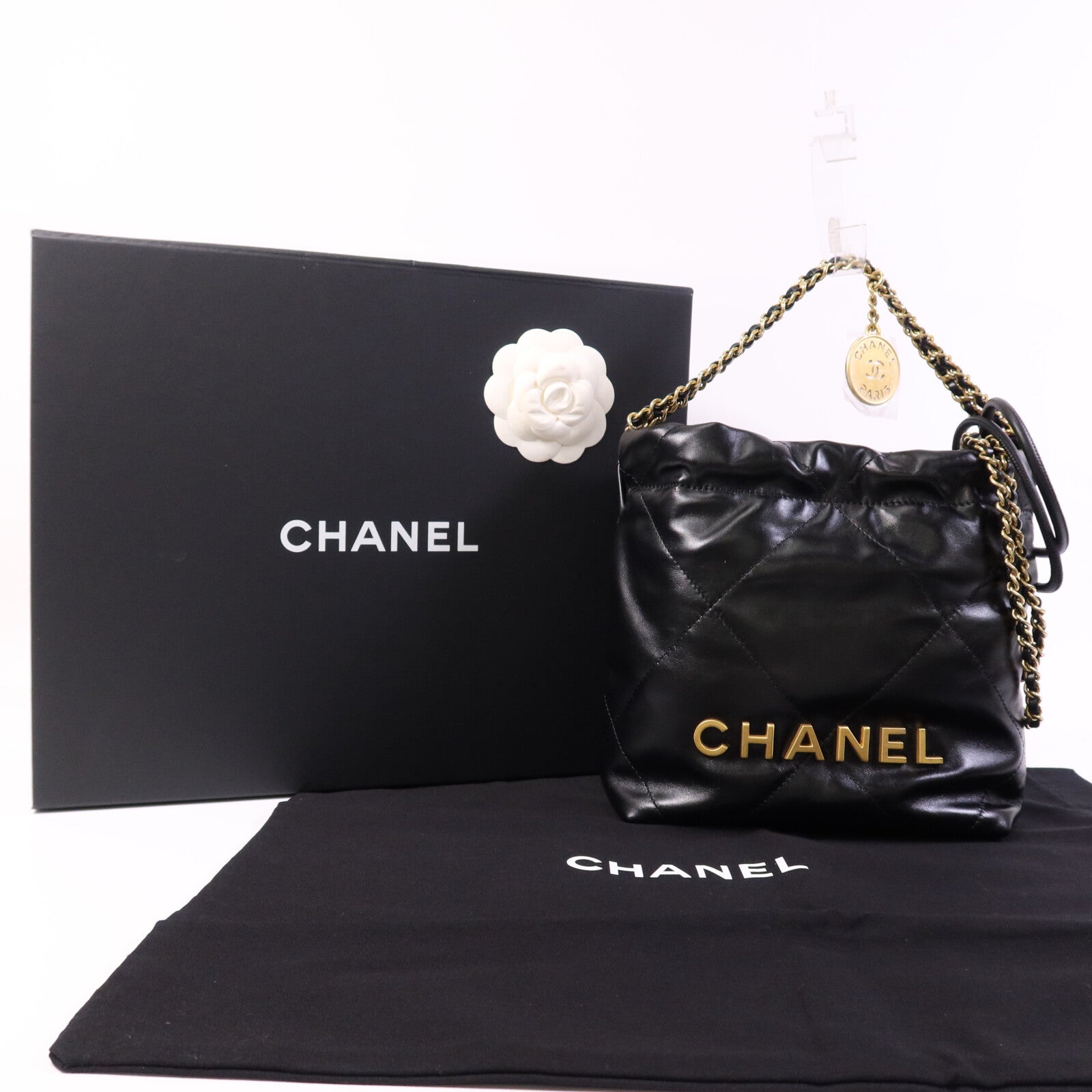 CHANEL 牛皮皮革Mini 22金扣鏈帶肩背袋
