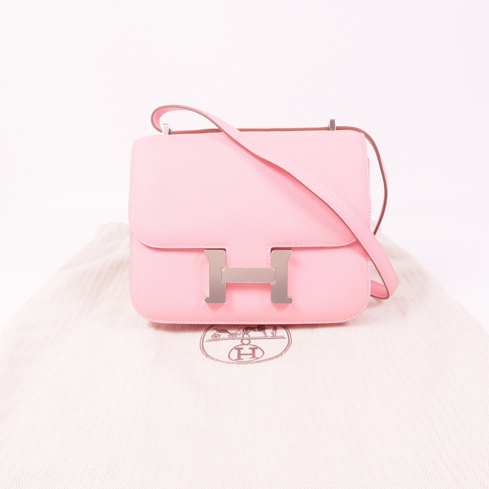 HERMES Epsom皮革Constance Mini銀扣肩背袋1Q Rose Confetti
