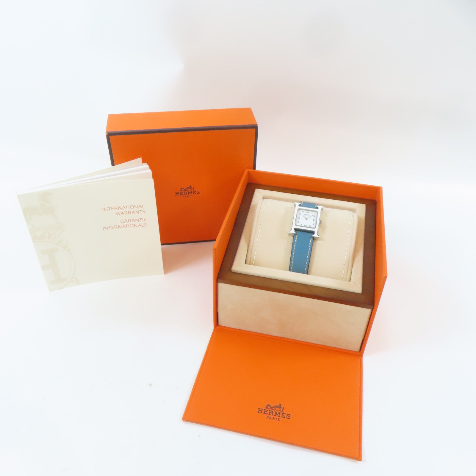 HERMES H Watch不鏽鋼/皮革手錶石英機芯白色#16.25cm