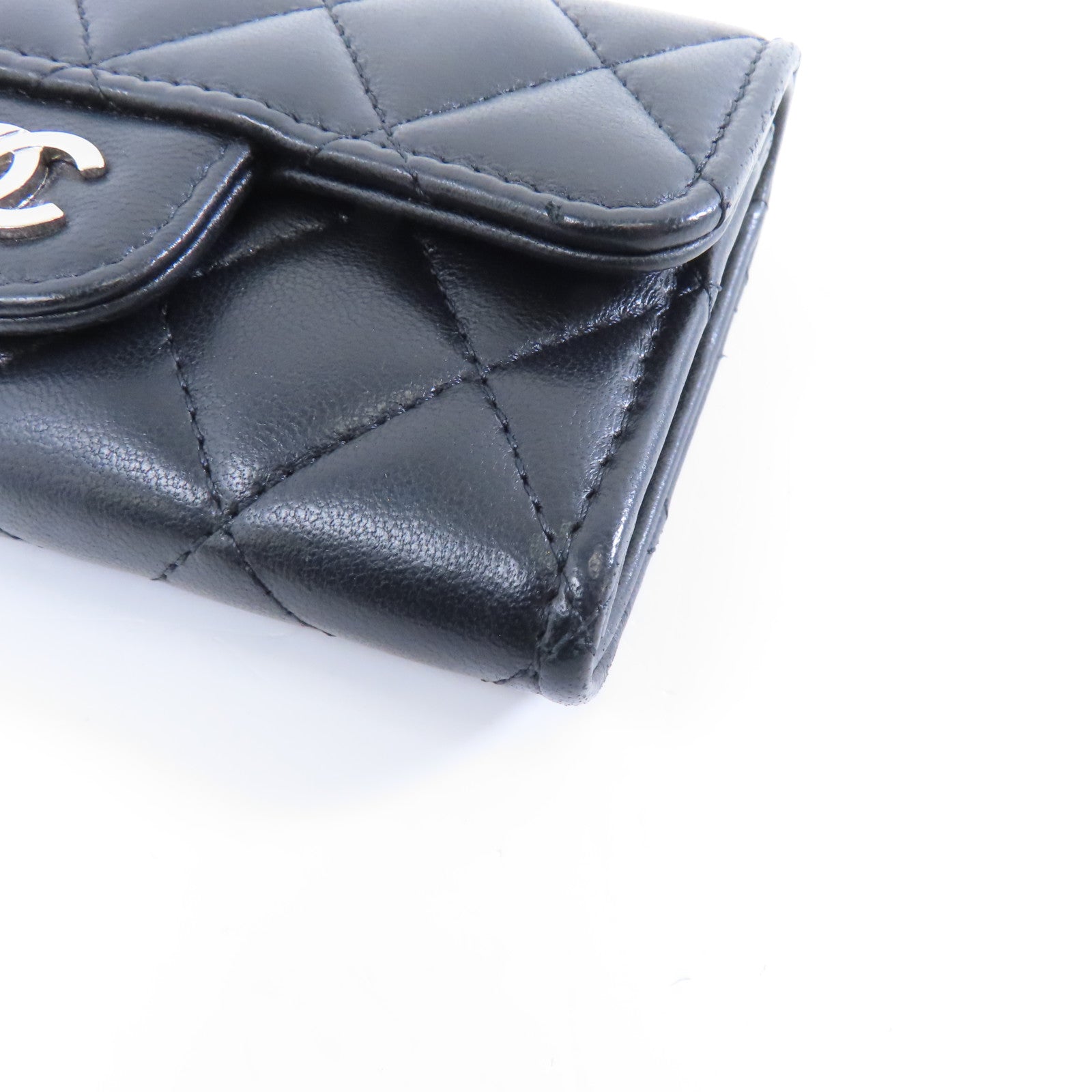 CHANEL 菱格羊皮皮革Card Case銀扣卡片套黑色