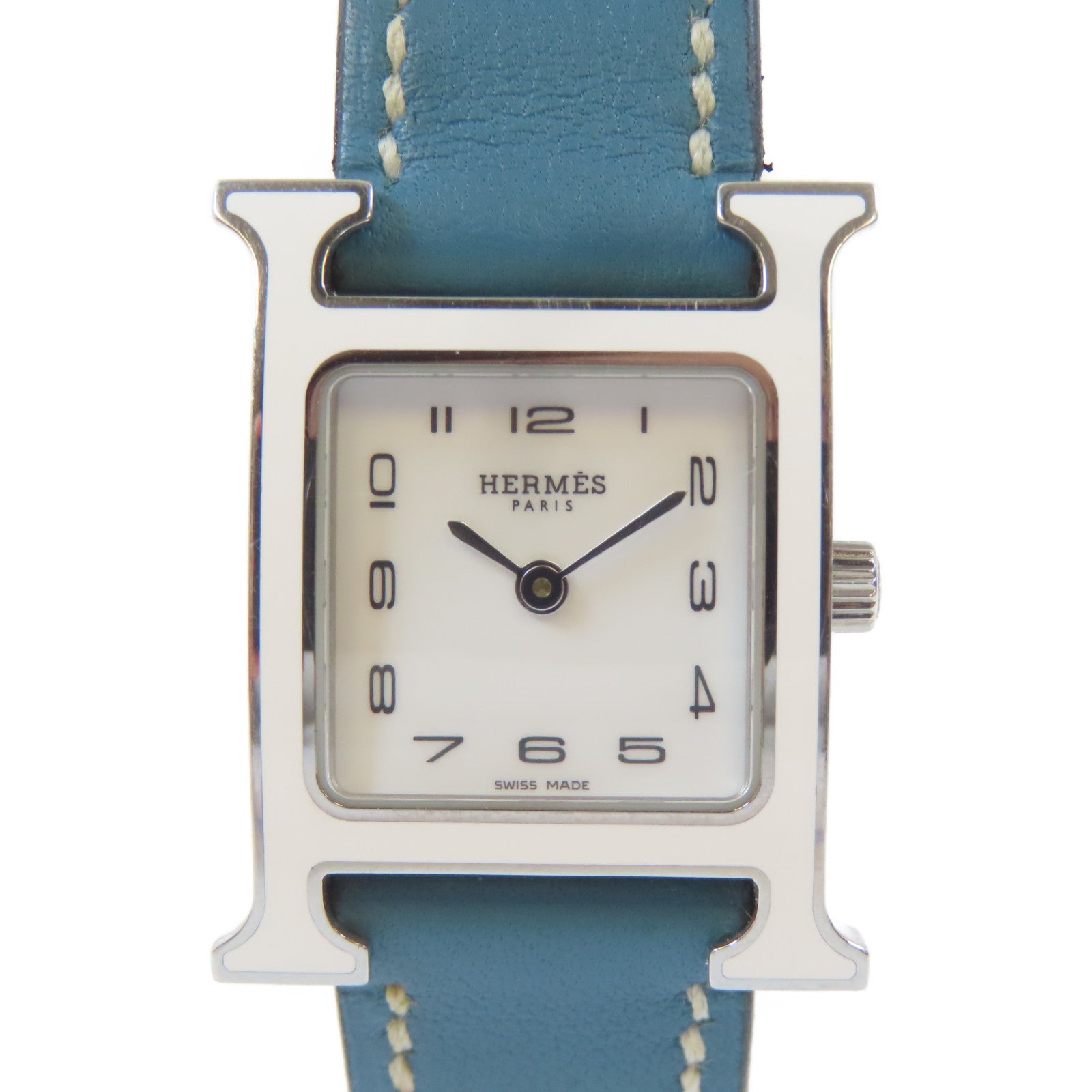 HERMES H Watch不鏽鋼/皮革手錶石英機芯白色#16.25cm