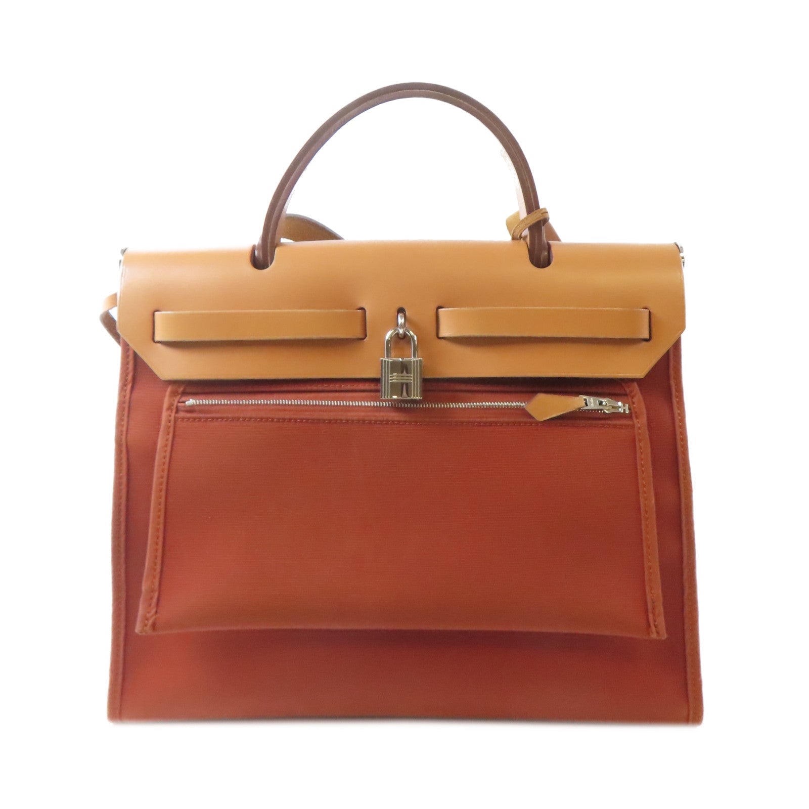HERMES 帆布Herbag PM銀扣手挽肩背兩用袋Cuivre/橙紅色