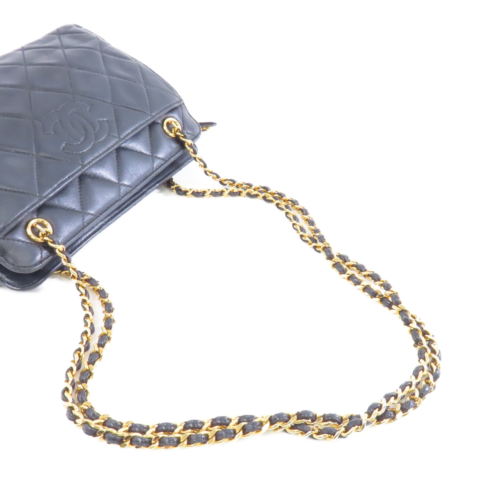 CHANEL 菱格羊皮皮革Chain Shoulder金扣鏈帶肩背袋黑色