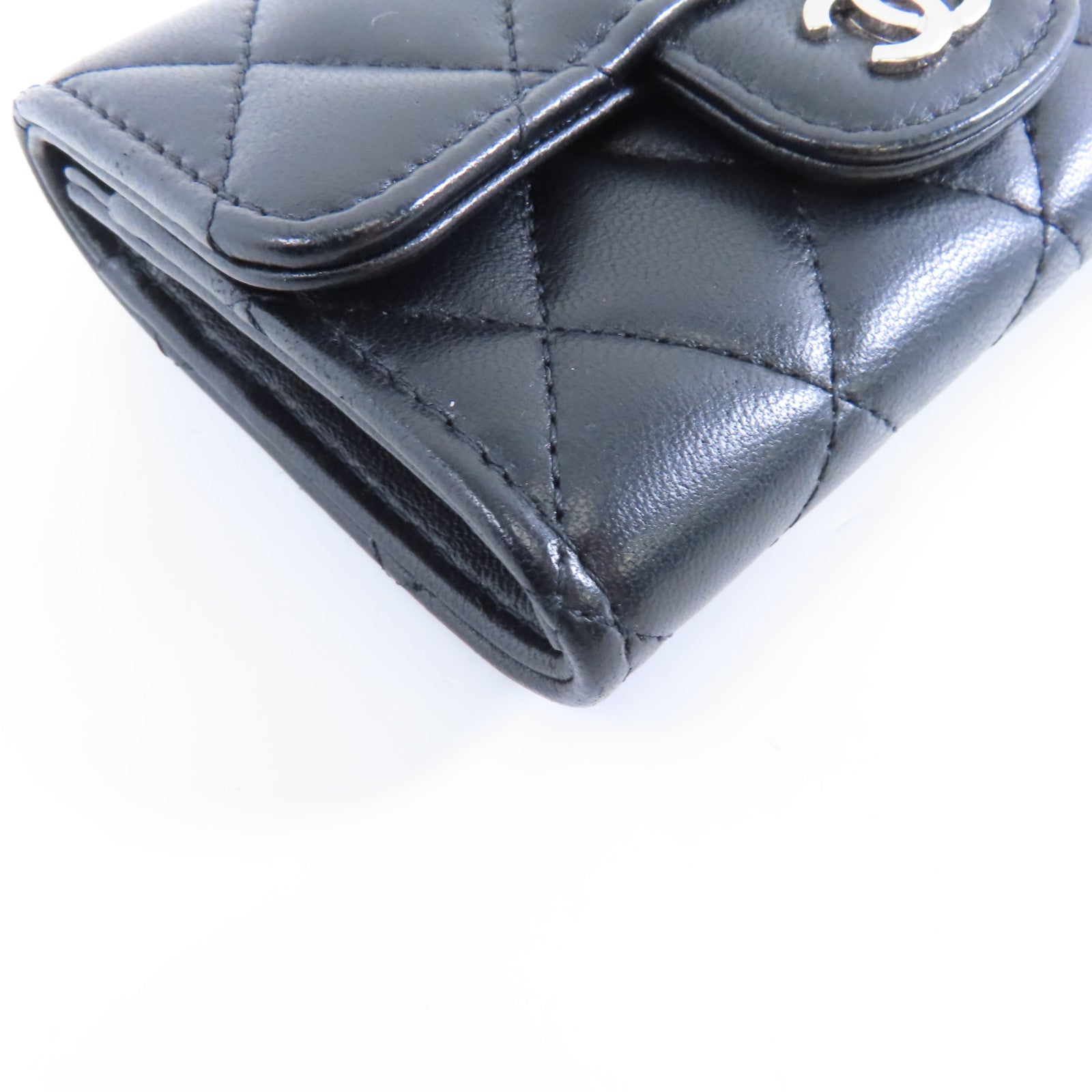 CHANEL 菱格羊皮皮革Card Case銀扣卡片套黑色