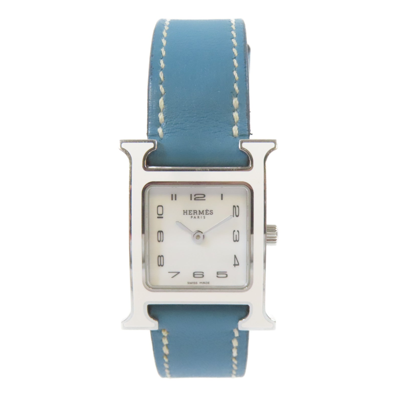 HERMES H Watch不鏽鋼/皮革手錶石英機芯白色#16.25cm