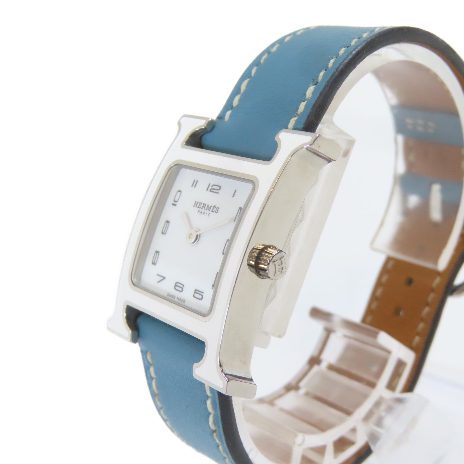 HERMES H Watch不鏽鋼/皮革手錶石英機芯白色#16.25cm