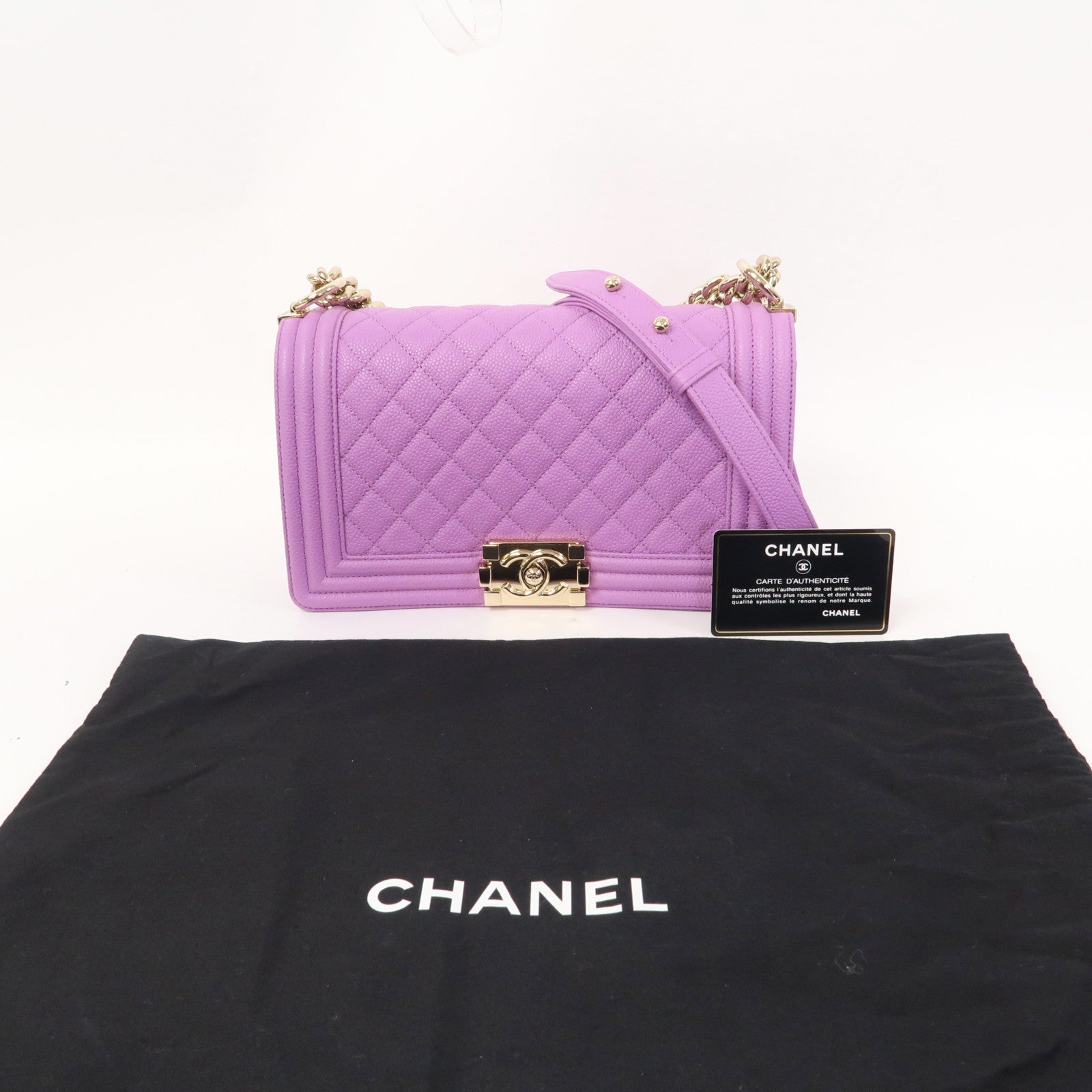 CHANEL 菱格Caviar皮革Boy Chanel Chain Shoulder金扣鏈帶肩背袋紫色