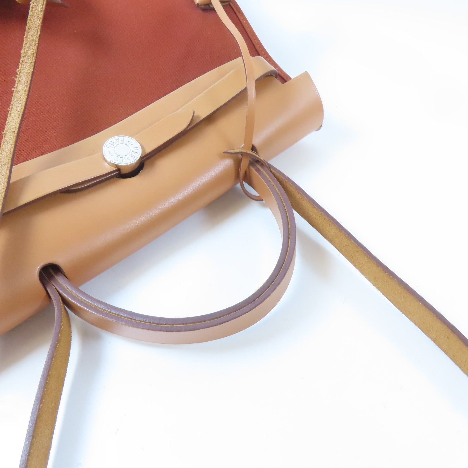 HERMES 帆布Herbag PM銀扣手挽肩背兩用袋Cuivre/橙紅色