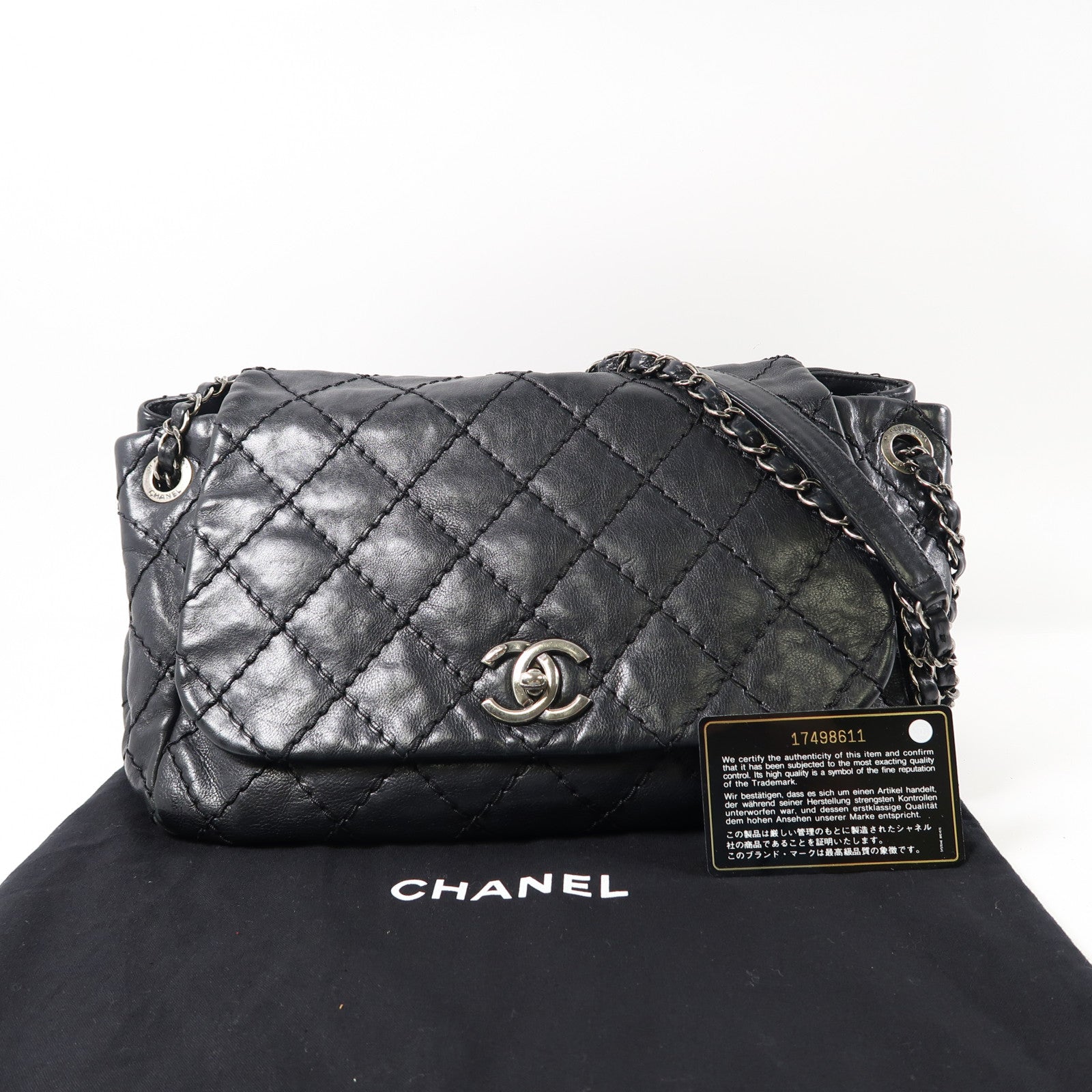 CHANEL 菱格羊皮皮革Chain Shoulder銀扣鏈帶肩背袋黑色
