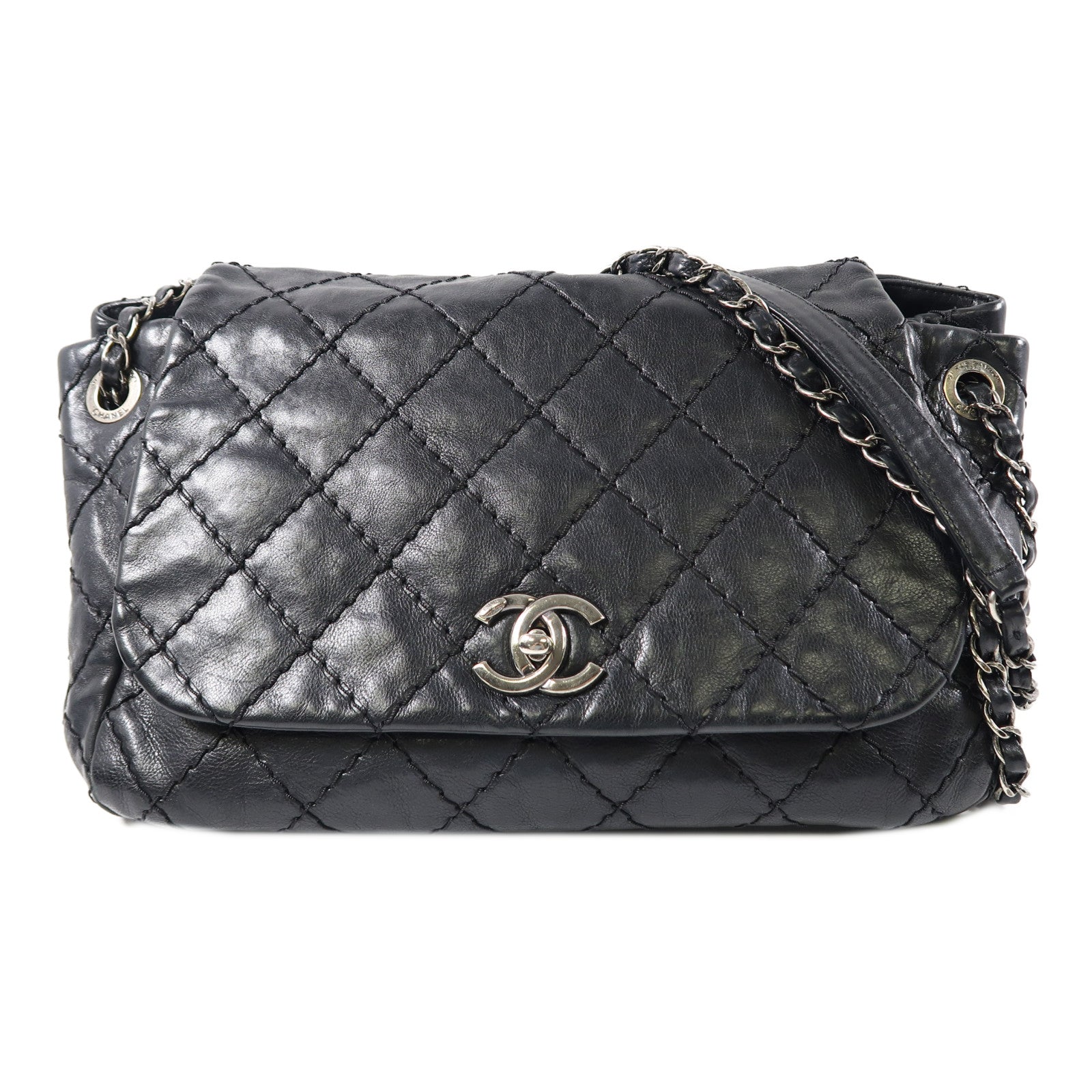 CHANEL 菱格羊皮皮革Chain Shoulder銀扣鏈帶肩背袋黑色