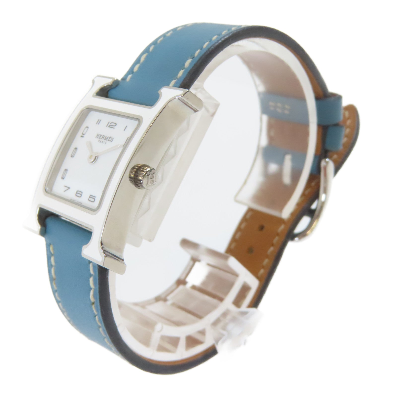 HERMES H Watch不鏽鋼/皮革手錶石英機芯白色#16.25cm