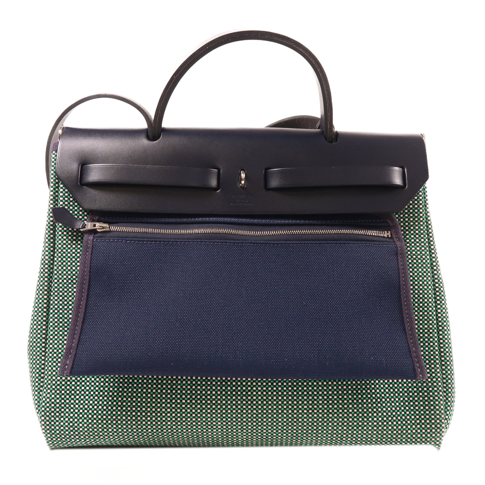 HERMES 帆布/皮革Herbag PM銀扣手挽肩背兩用袋綠色/黑色